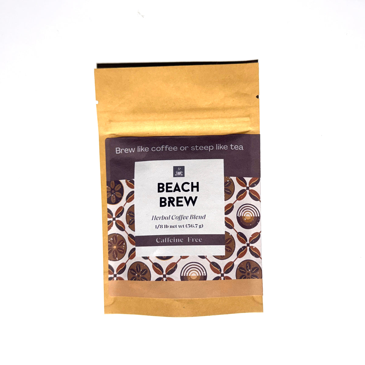 A stand-up pouch of Beach Brew Herbal Coffee Blend on a plain white background. The packaging is a combination of kraft paper and dark brown panels with a white central label and a geometric floral pattern at the bottom.