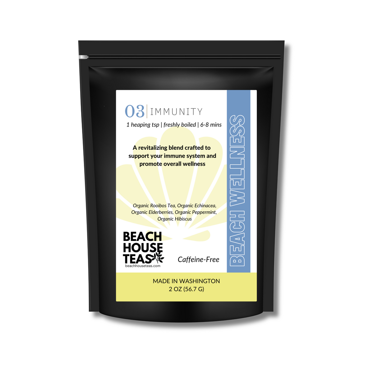 Beach Wellness Immunity tea 2 oz black pouch with a white, blue, and yellow label on white