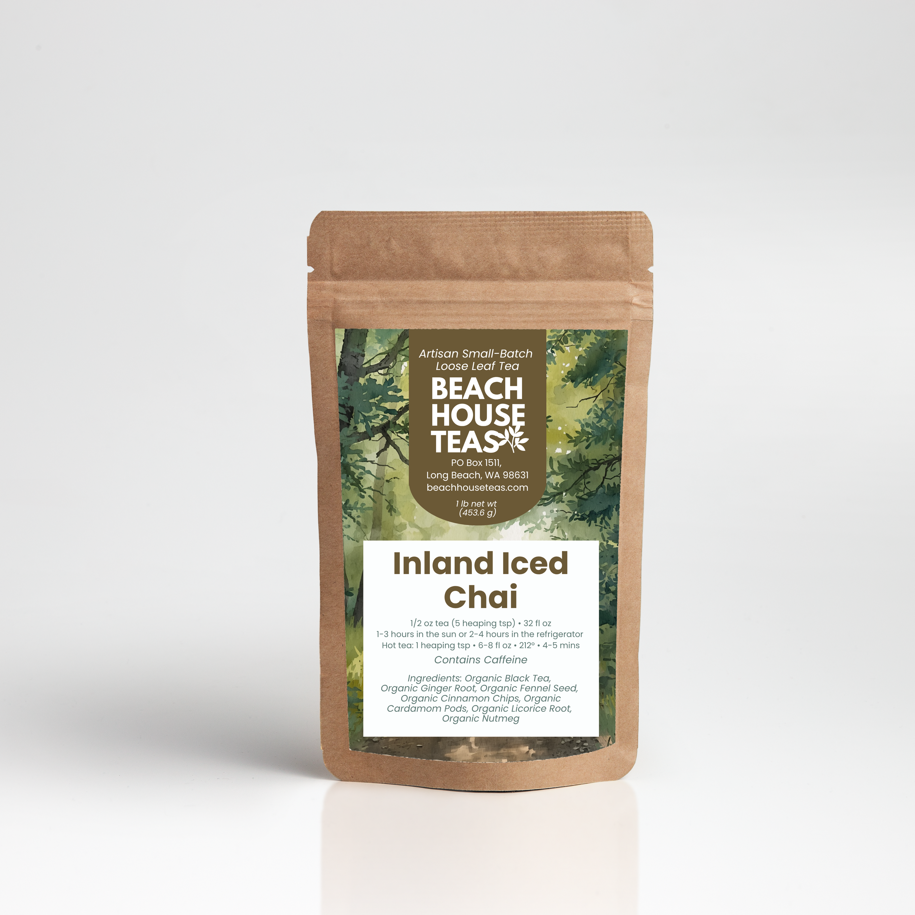 Beach House Teas Inland Iced Chai packaging on a white background