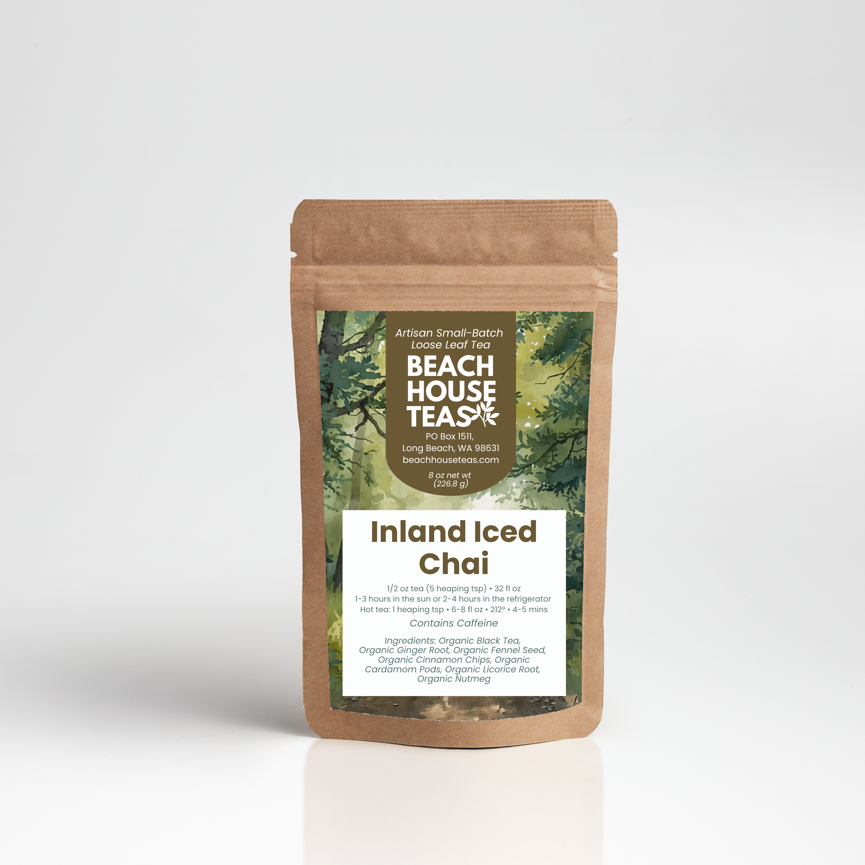 Beach House Teas Inland Iced Chai packaging on a white background