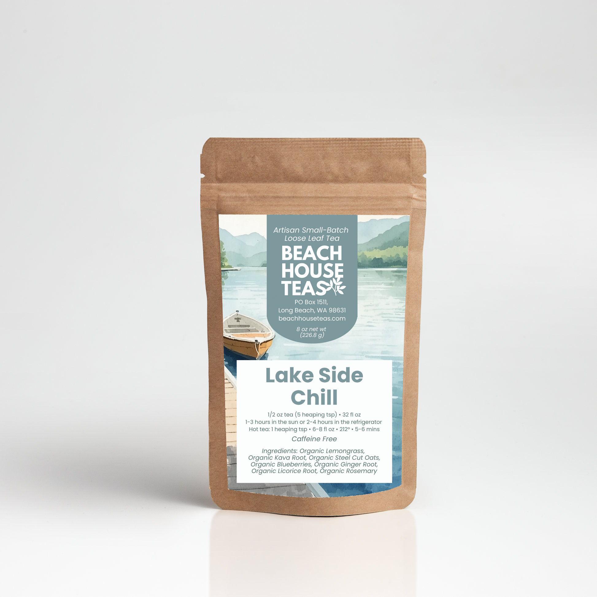 Beach House Teas 'Lake Side Chill' tea package on a white background