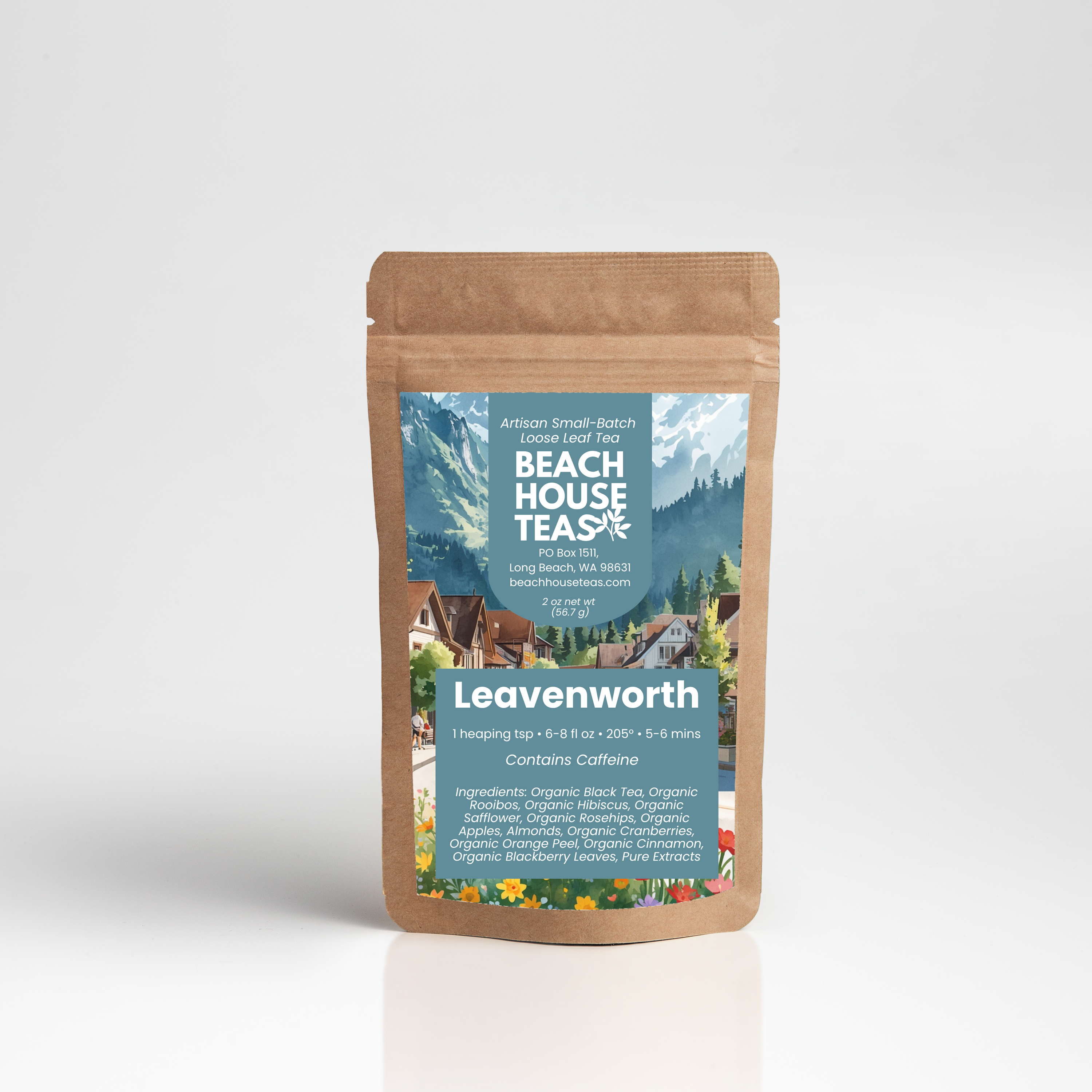 Tea package with 'Beach House Teas' branding on a white background