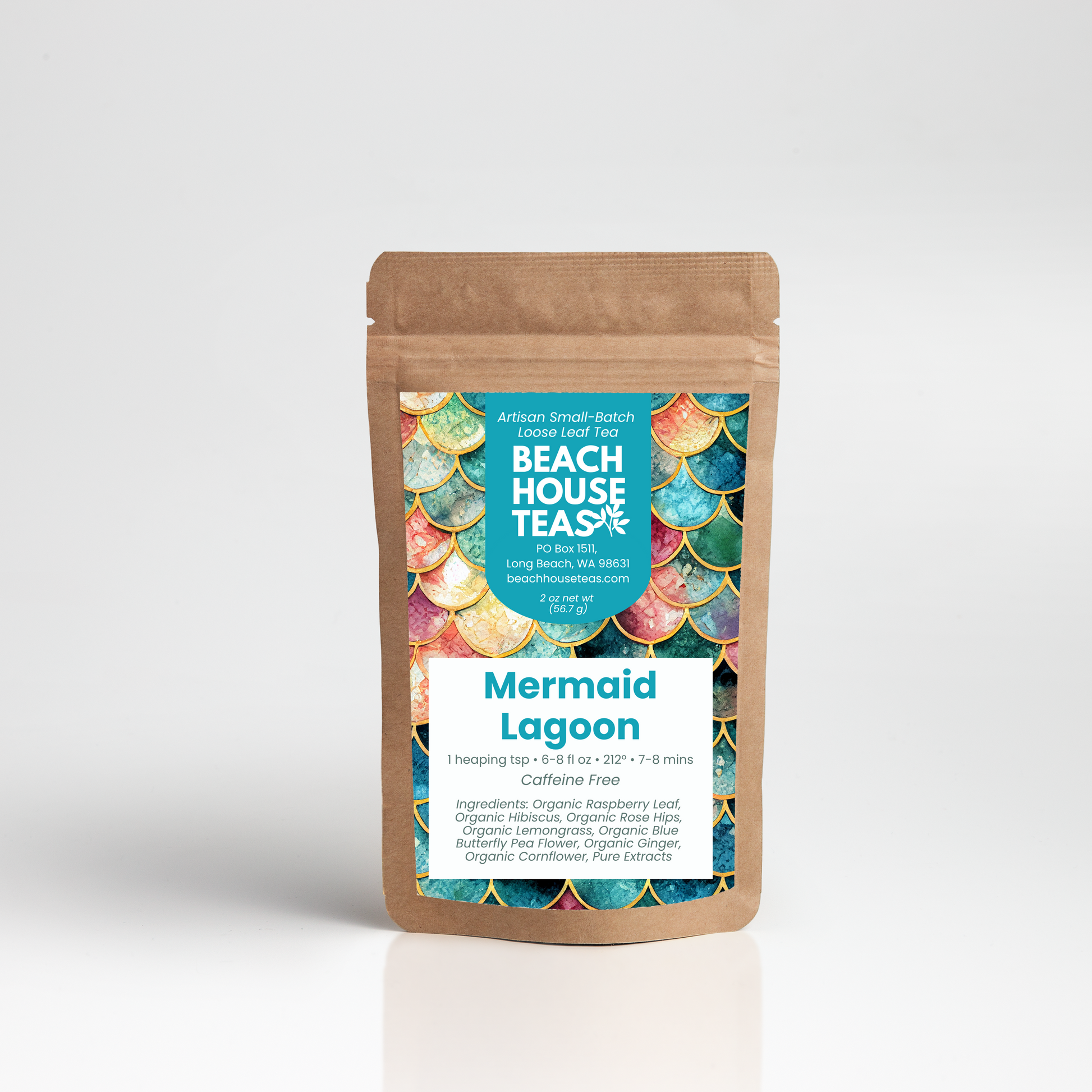 Beach House Teas Mermaid Lagoon tea package on a white background