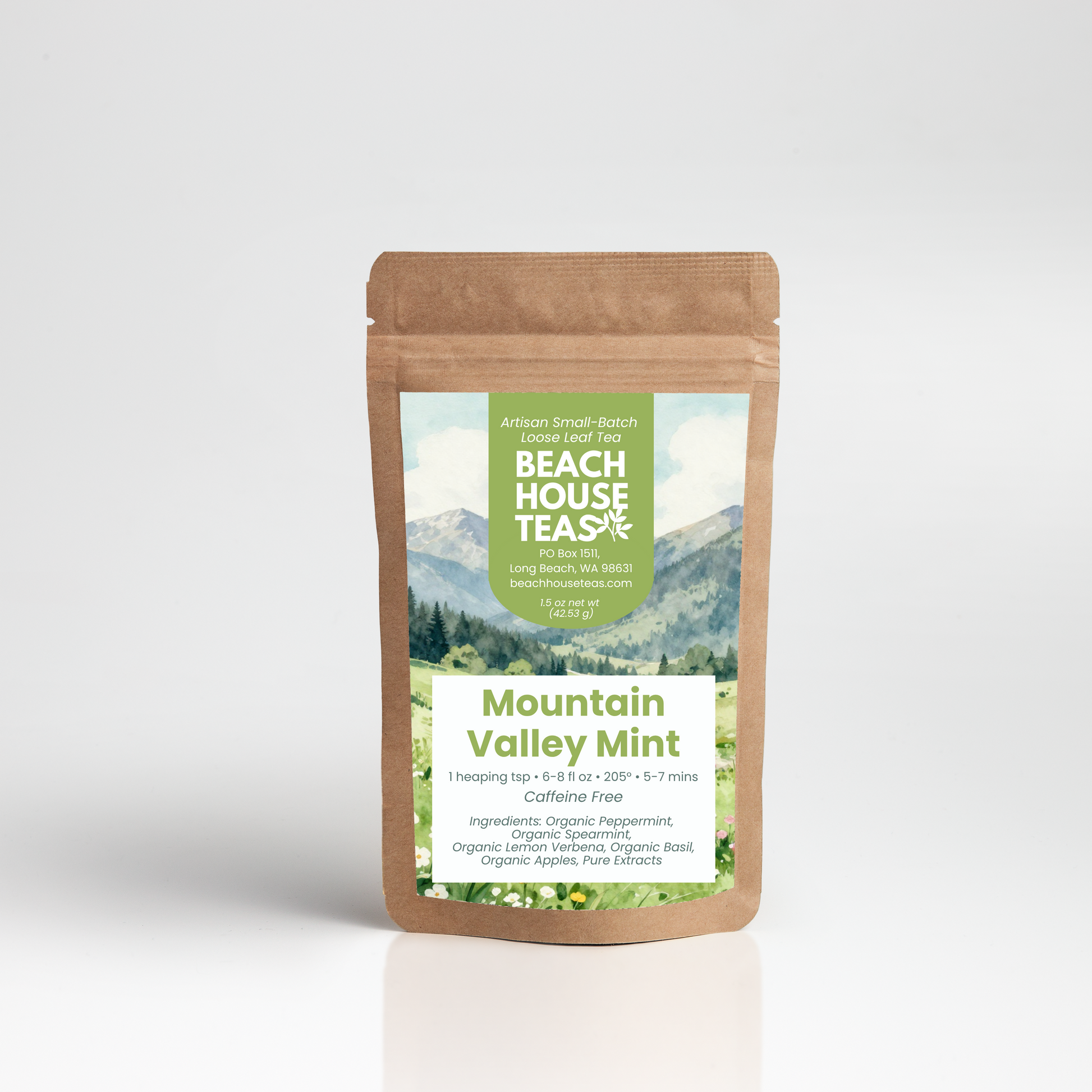 A stand-up kraft paper pouch of Beach House Teas Mountain Valley Mint tea, featuring a green and white label with a mountain landscape graphic, set against a clean light gray background.