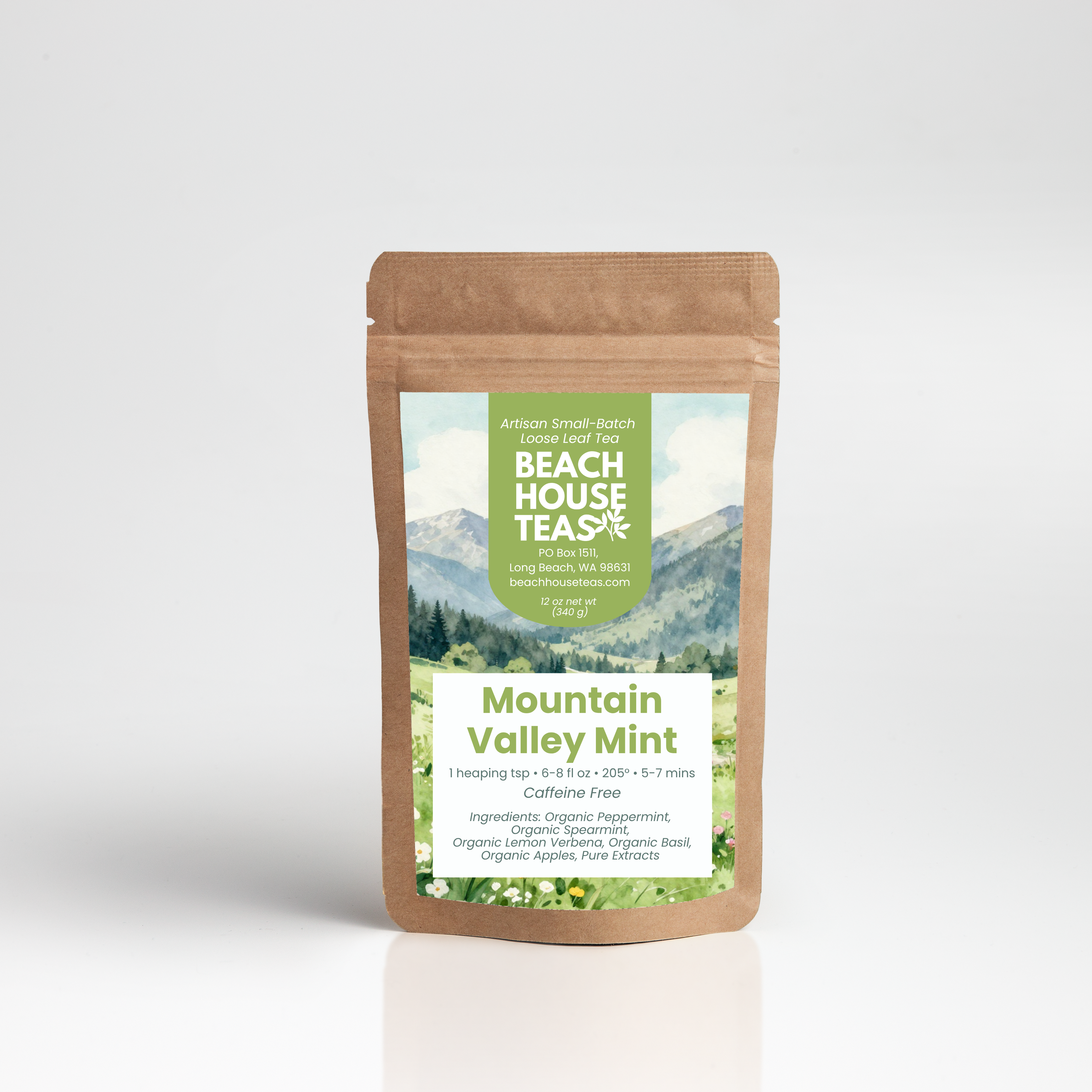 A stand-up kraft paper pouch of Beach House Teas Mountain Valley Mint herbal tea, featuring a green and white label with a mountain landscape graphic, set against a clean white background.