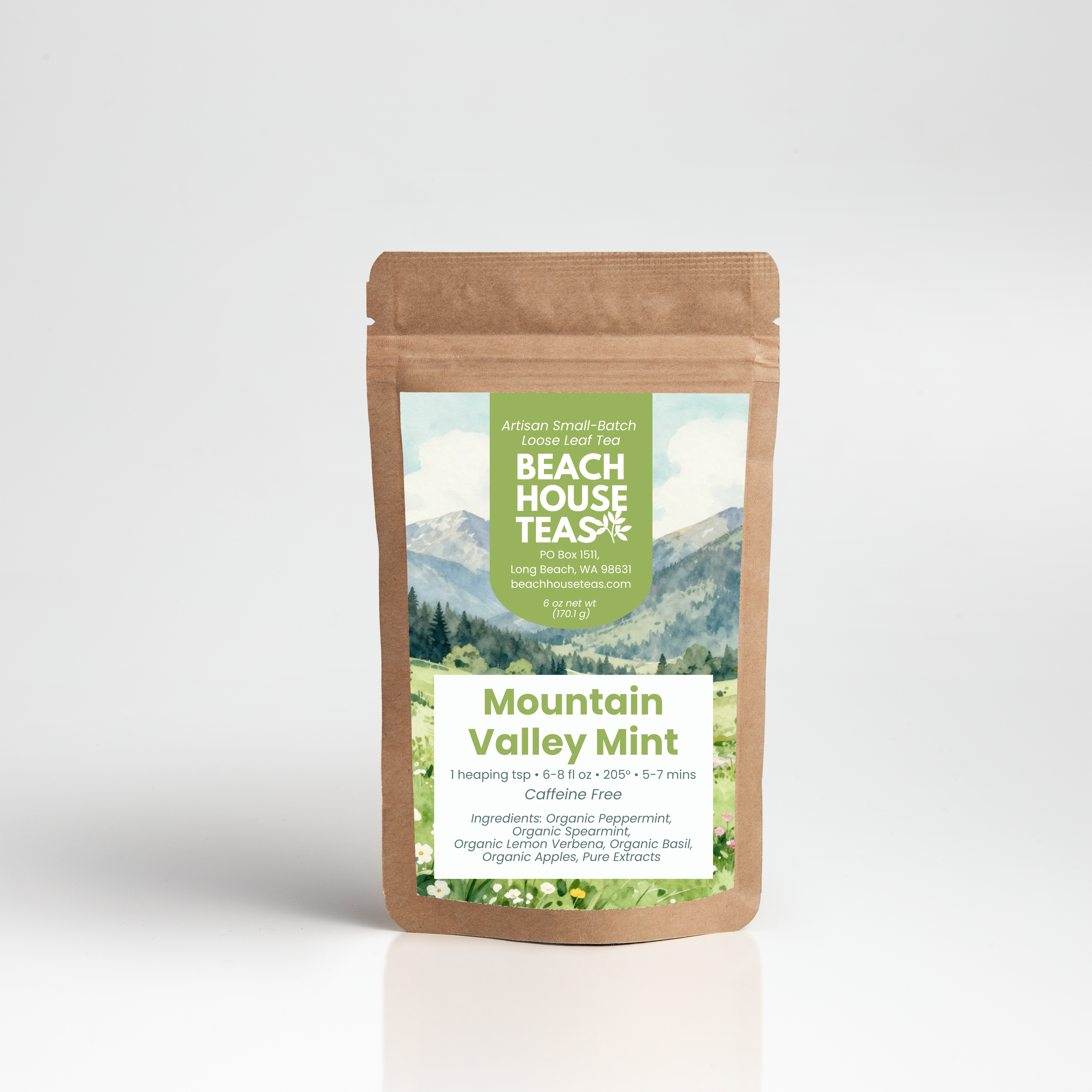 Mountain Valley Mint tea label on pouch with white background
