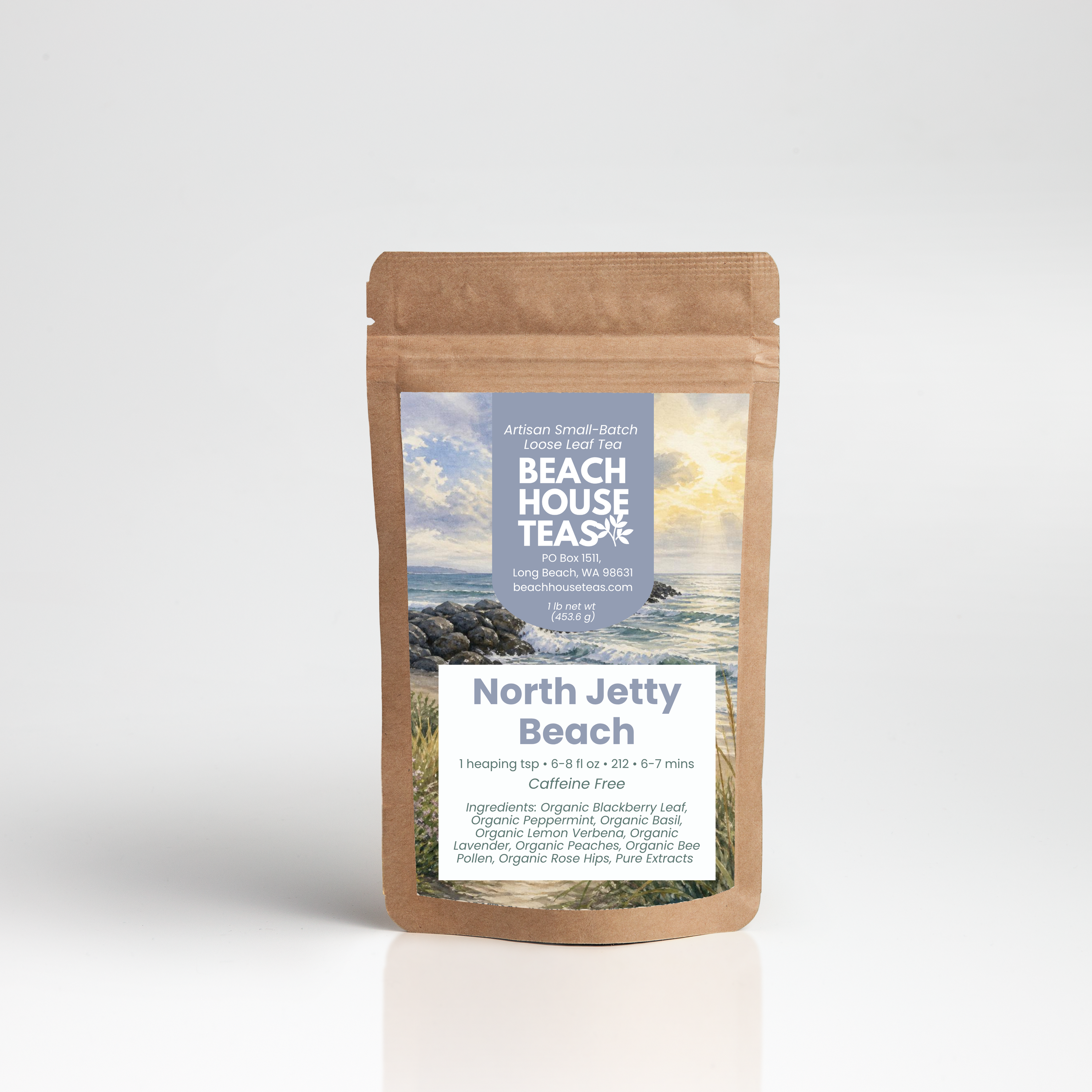 North Jetty Beach tea label on pouch with a white background