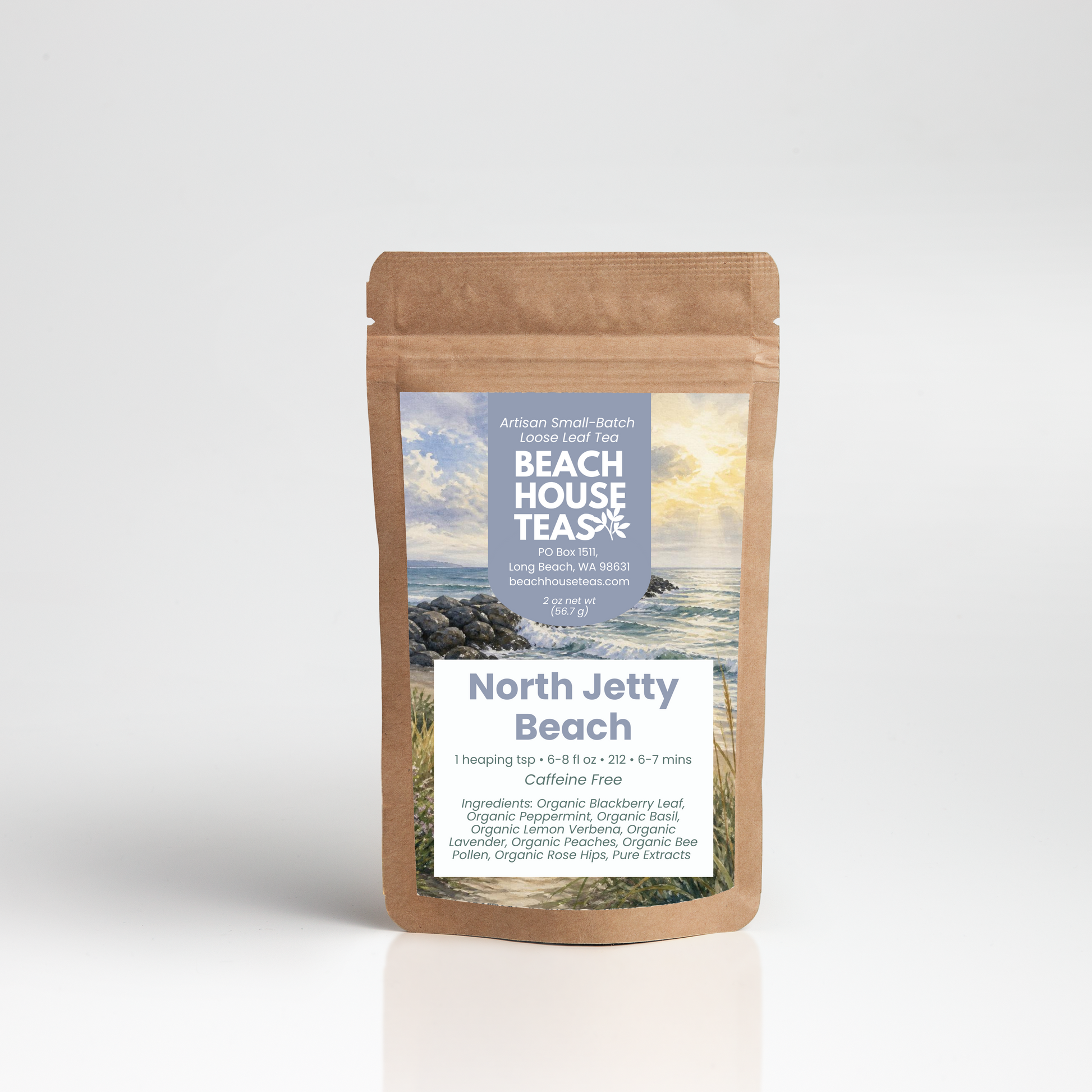 North Jetty Beach tea label on pouch with a white background