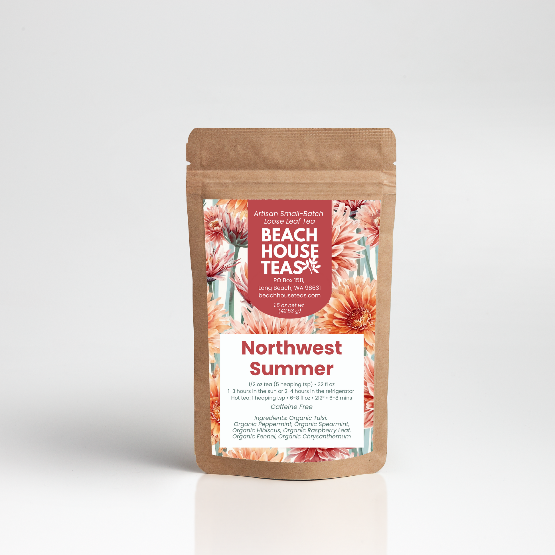 A stand-up kraft paper pouch of Northwest Summer organic black tea by Beach House Teas & Co, featuring a floral label with pink, orange, and white flowers on a light gray background.