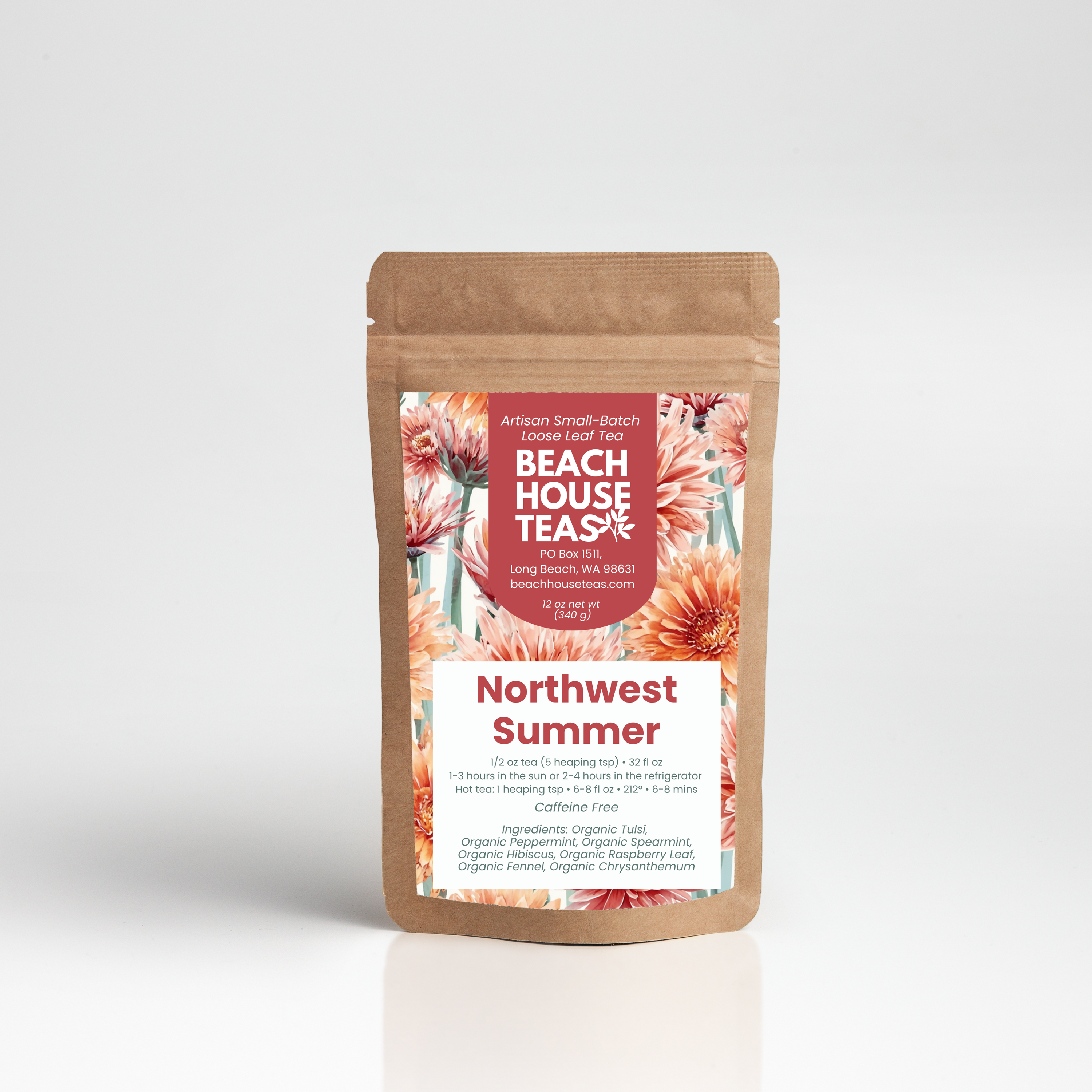 A kraft paper stand-up pouch of Beach House Tea Northwest Summer tea, featuring a floral label with pink, orange, and green tones, set against a clean white studio background.
