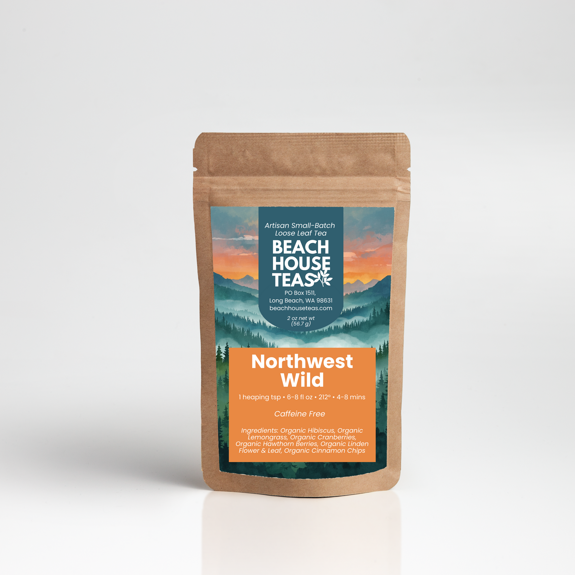 Northwest Wild tea label on pouch with white background