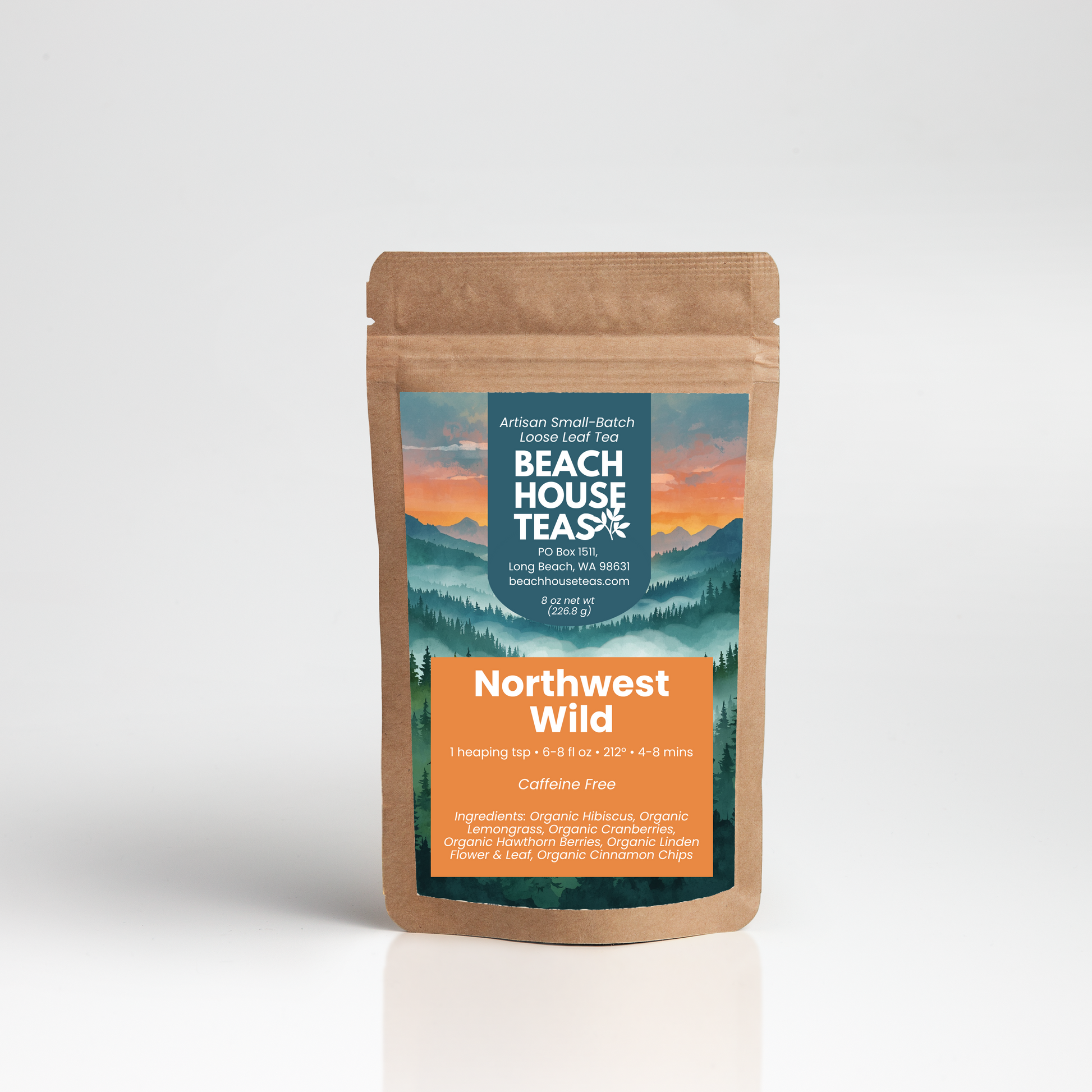 Northwest Wild tea label on pouch with white background