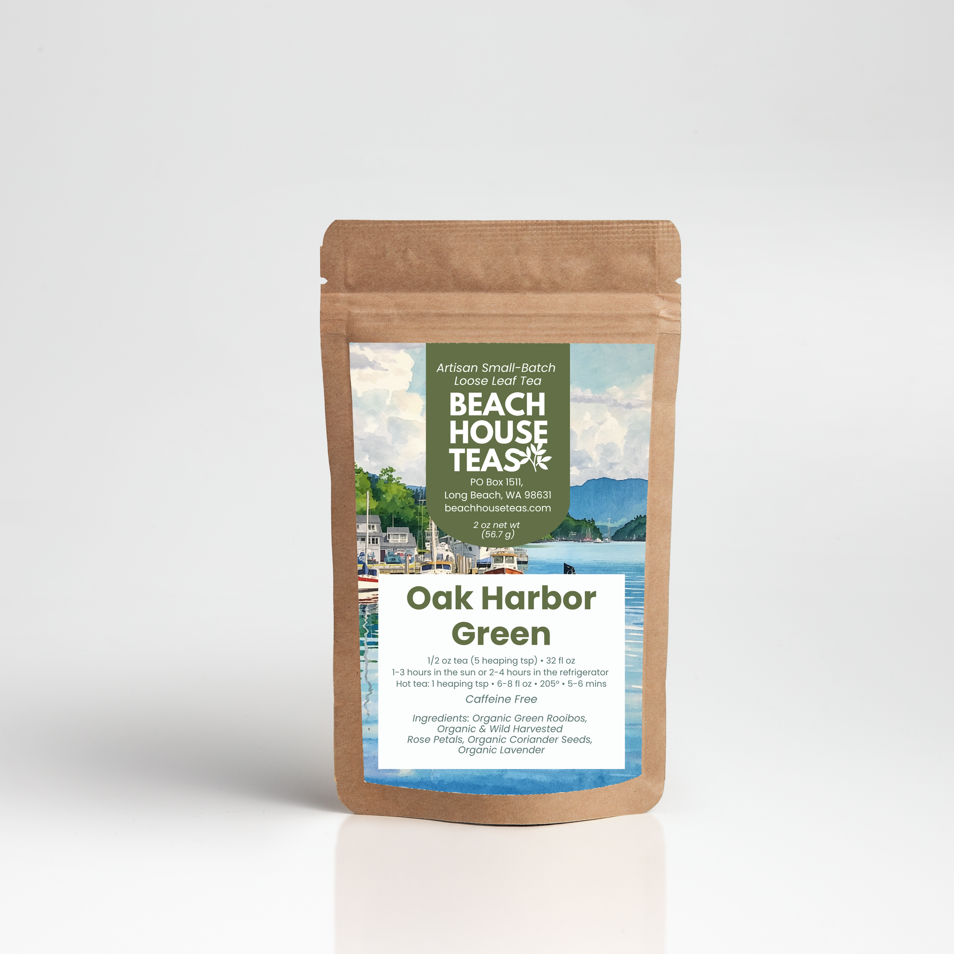 Oak Harbor Green label on kraft standup pouch on white background