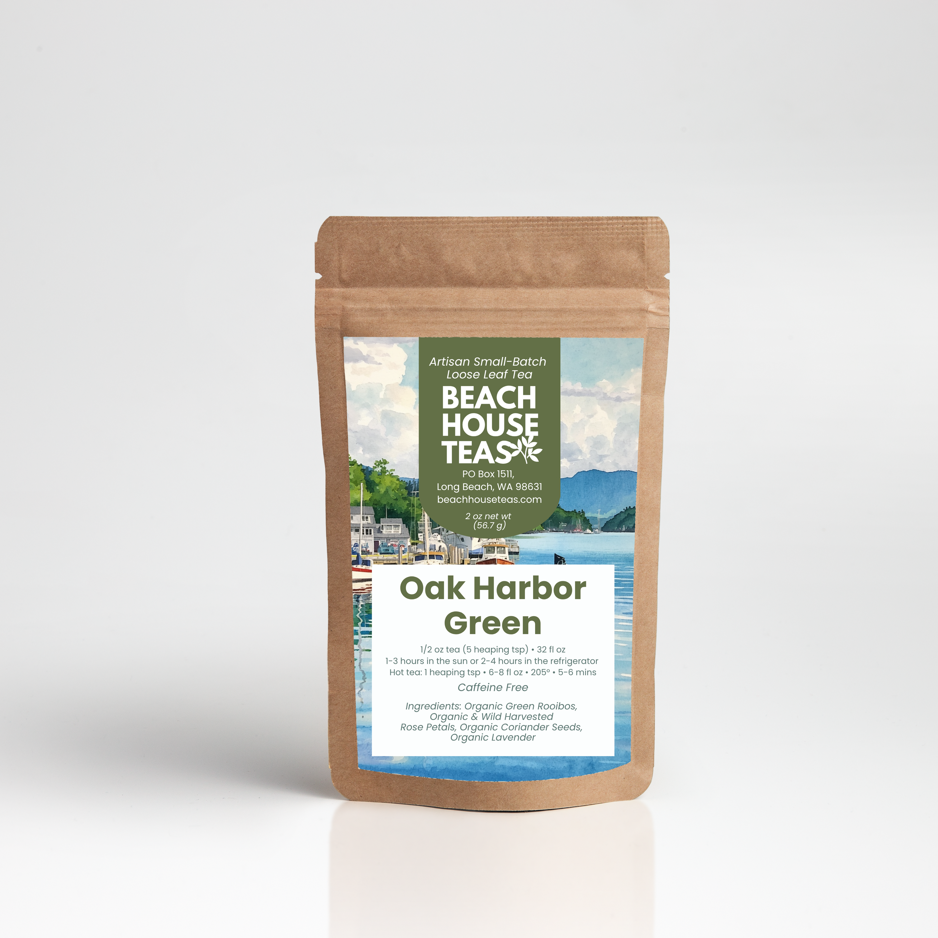 Oak Harbor Green label on kraft standup pouch on white background