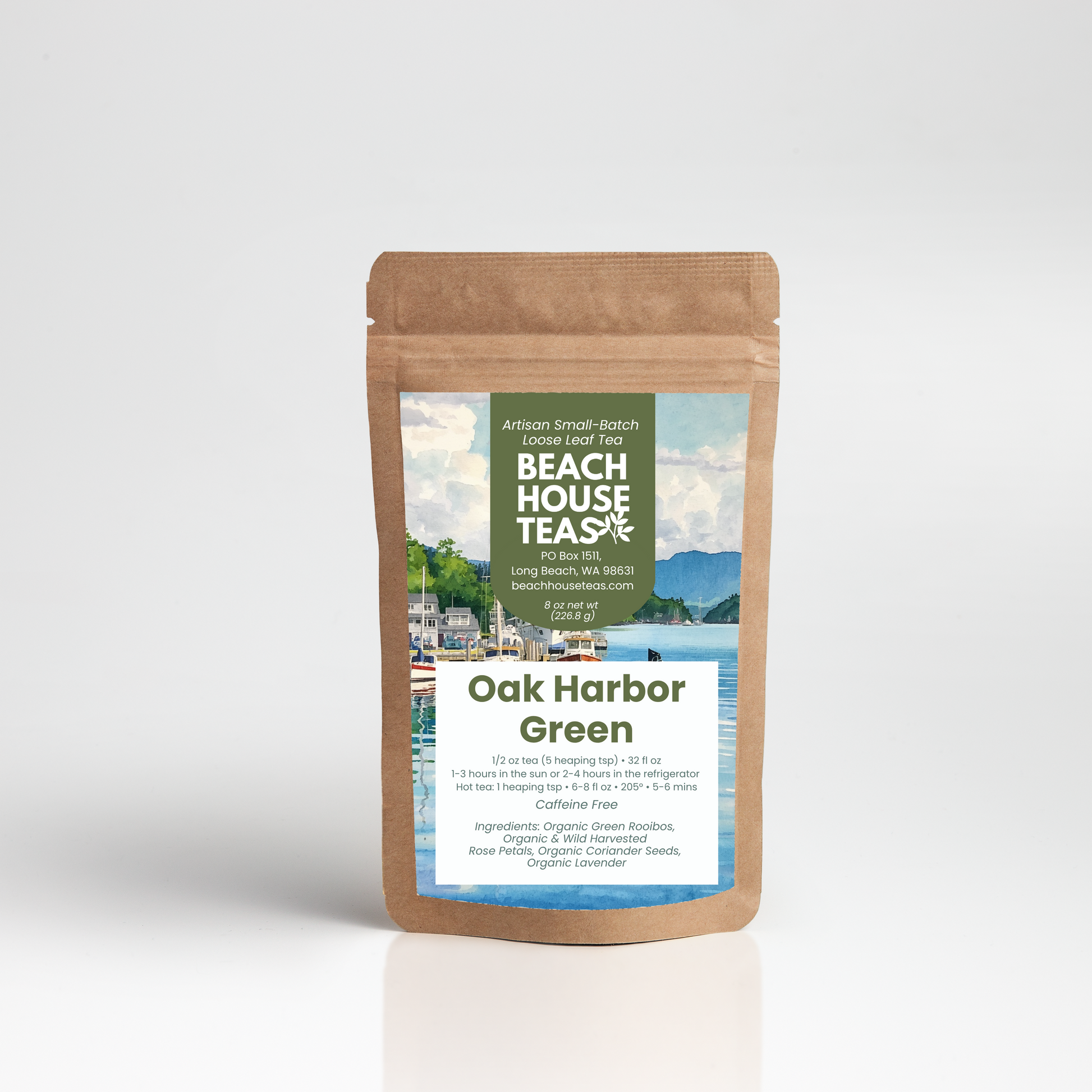 Oak Harbor Green label on kraft standup pouch on white background