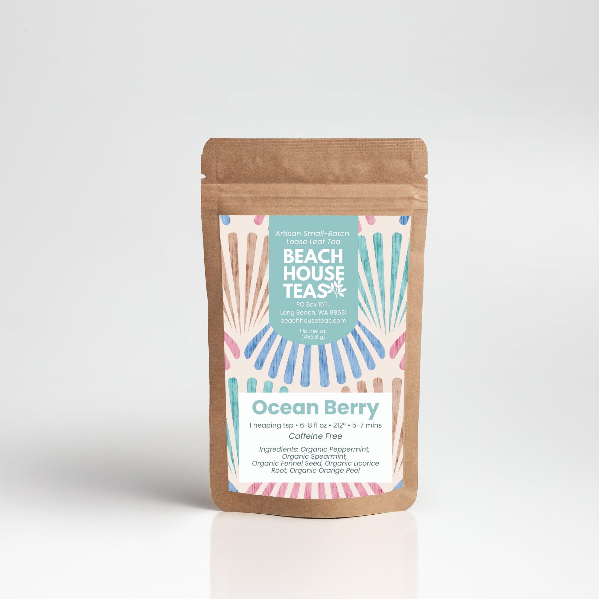 Ocean Berry tea for kids label on kraft pouch with white background