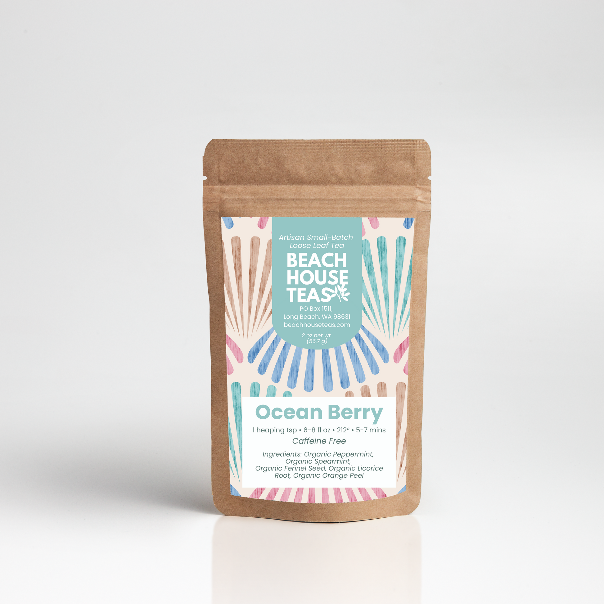 Ocean Berry tea for kids label on kraft pouch with white background