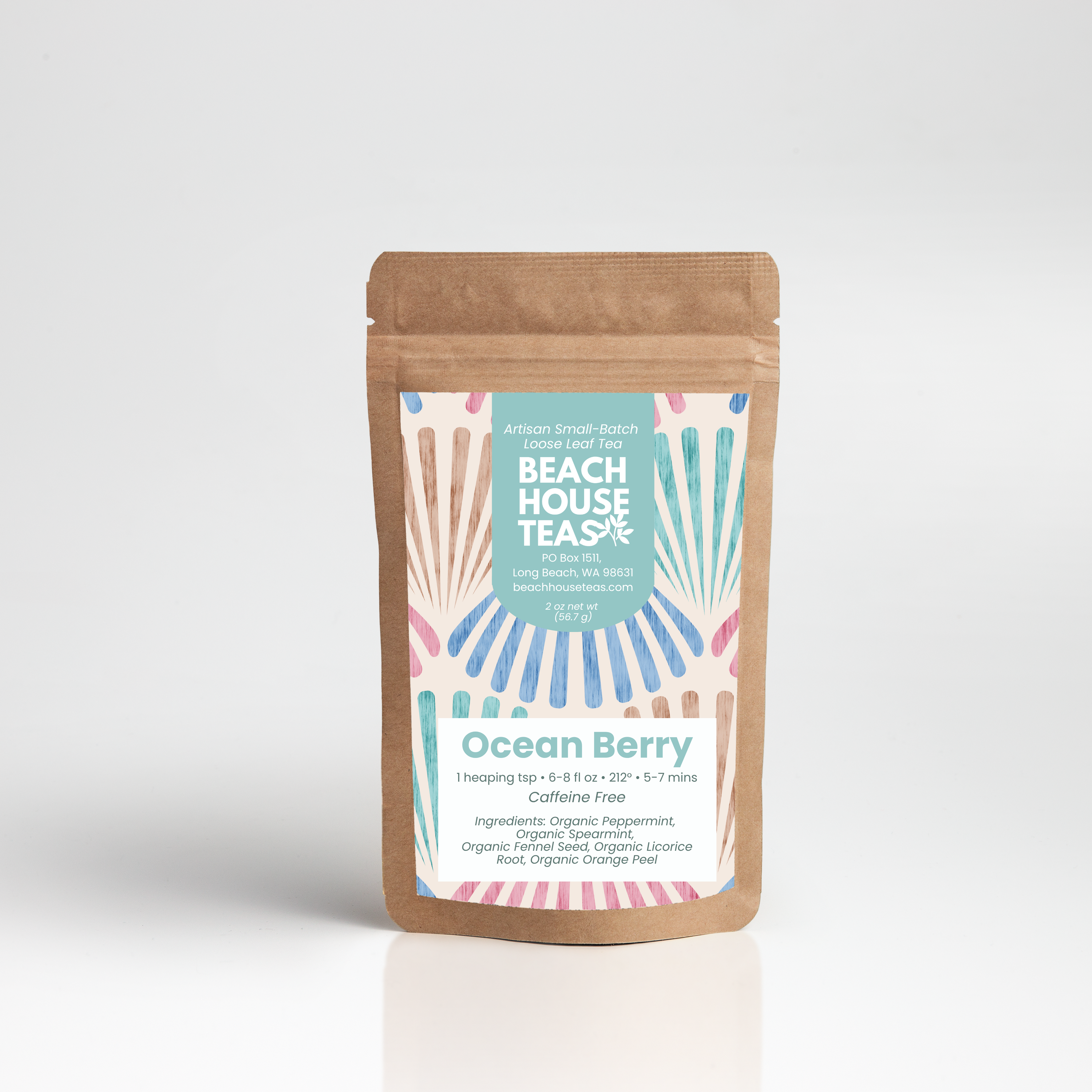 Ocean Berry tea for kids label on kraft pouch with white background