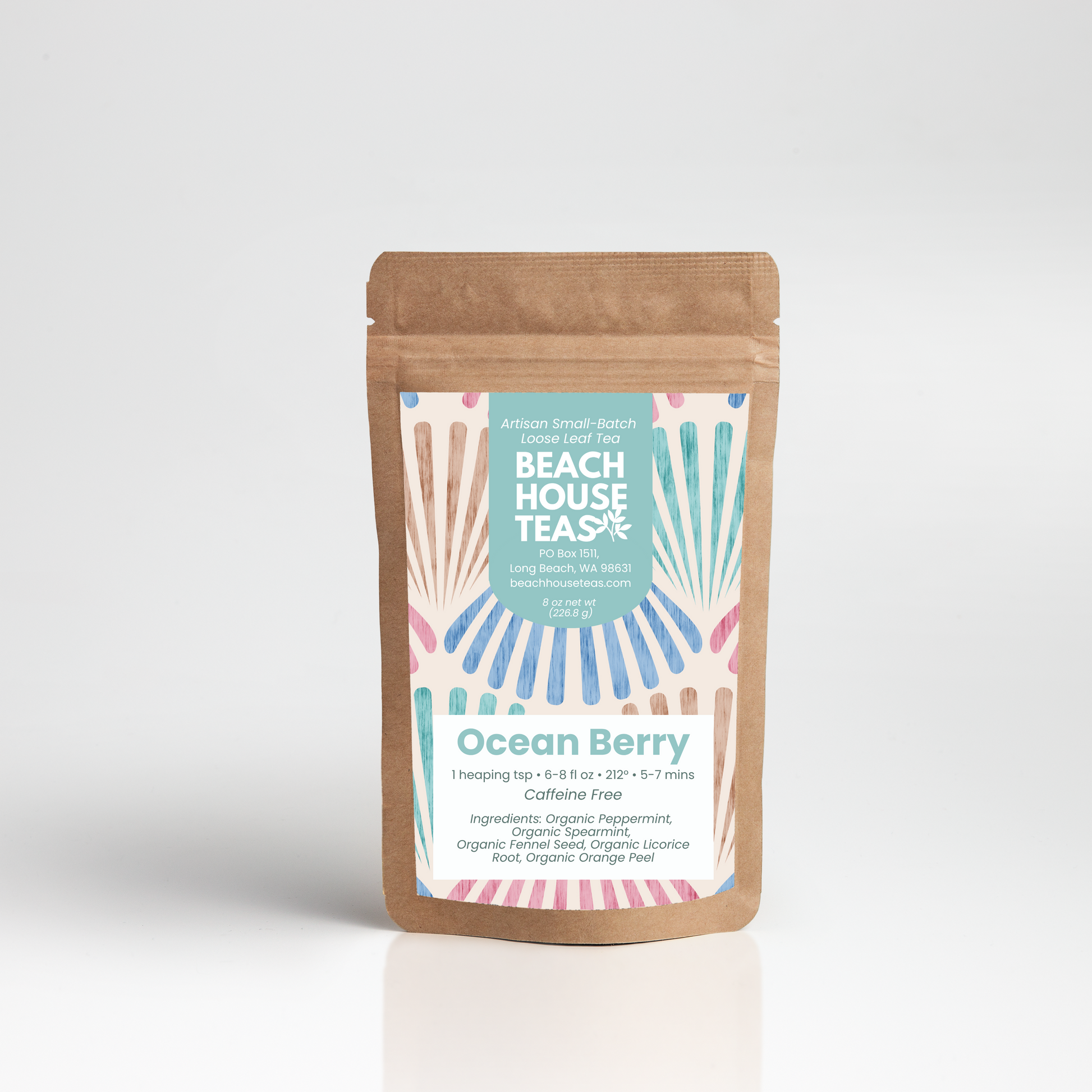 Ocean Berry tea for kids label on kraft pouch with white background