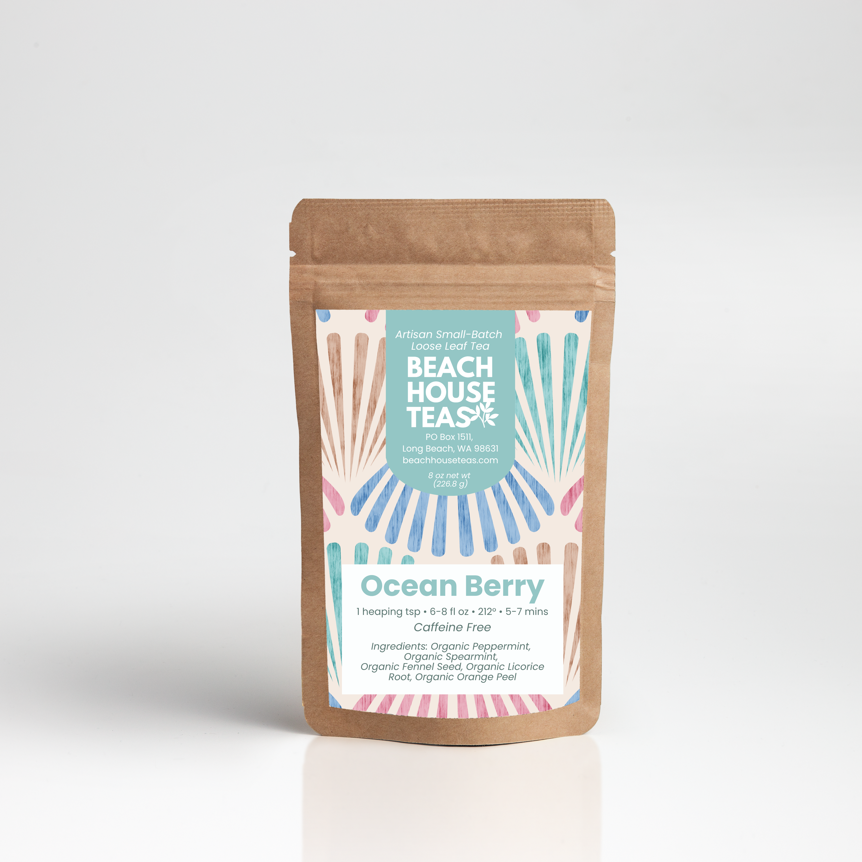 Ocean Berry tea for kids label on kraft pouch with white background