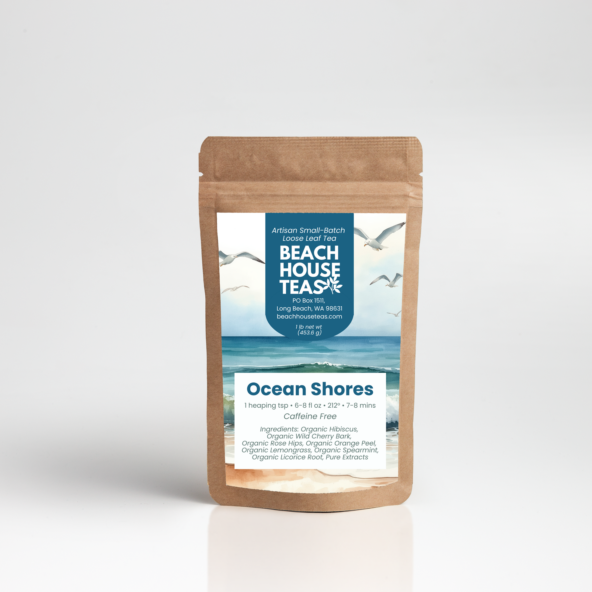 Ocean Shores tea for kids label on kraft pouch with white background
