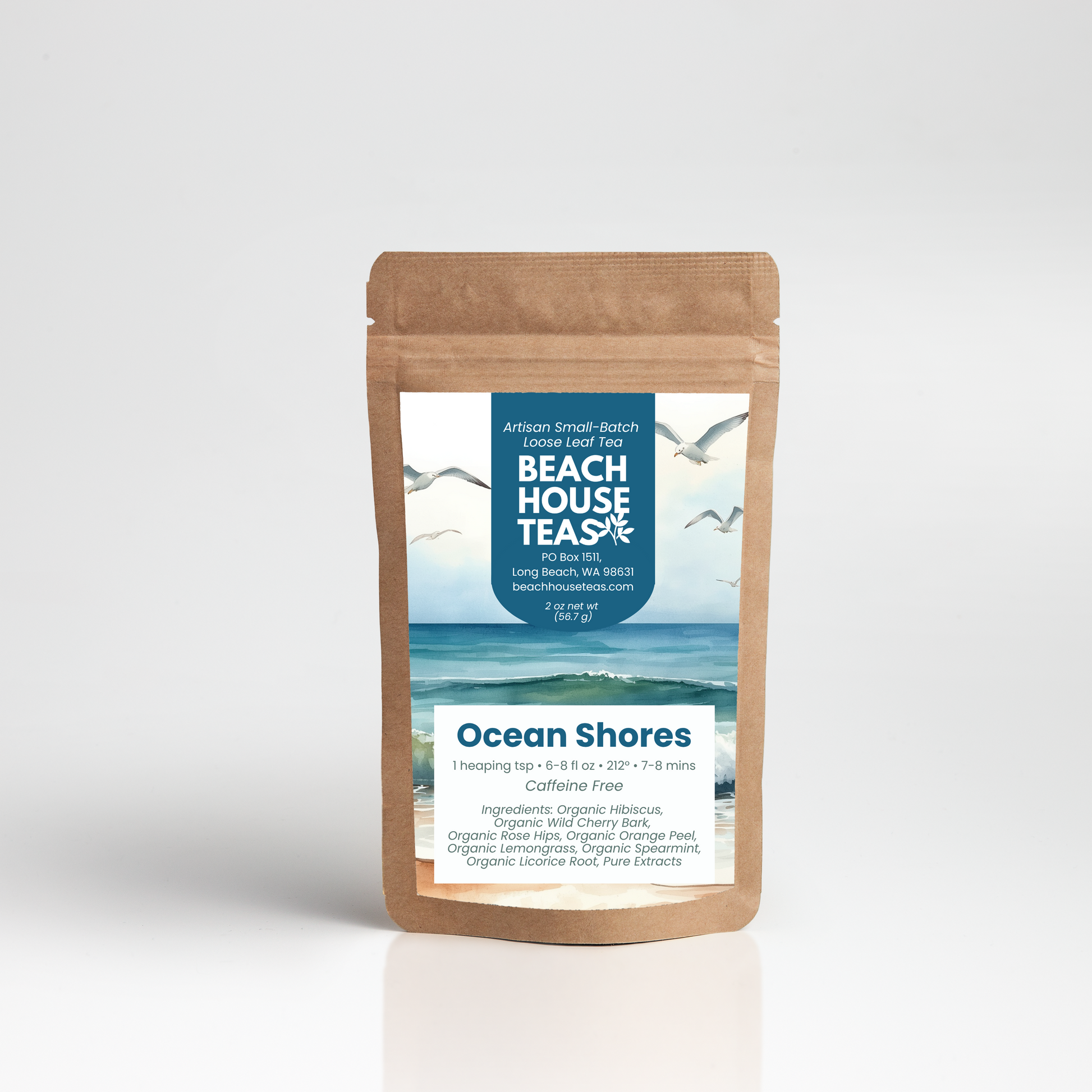 Ocean Shores tea for kids label on kraft pouch with white background
