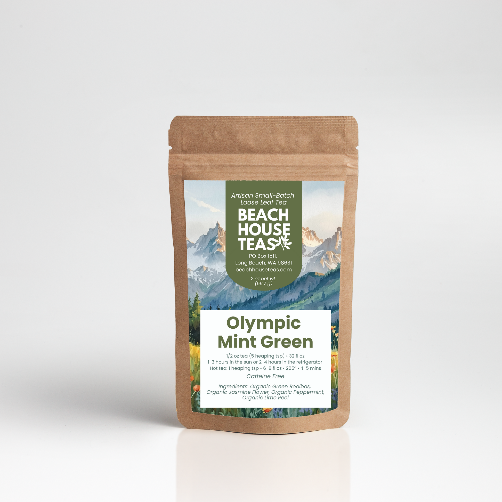 Olympic Mint Green Iced tea label on kraft pouch with white background