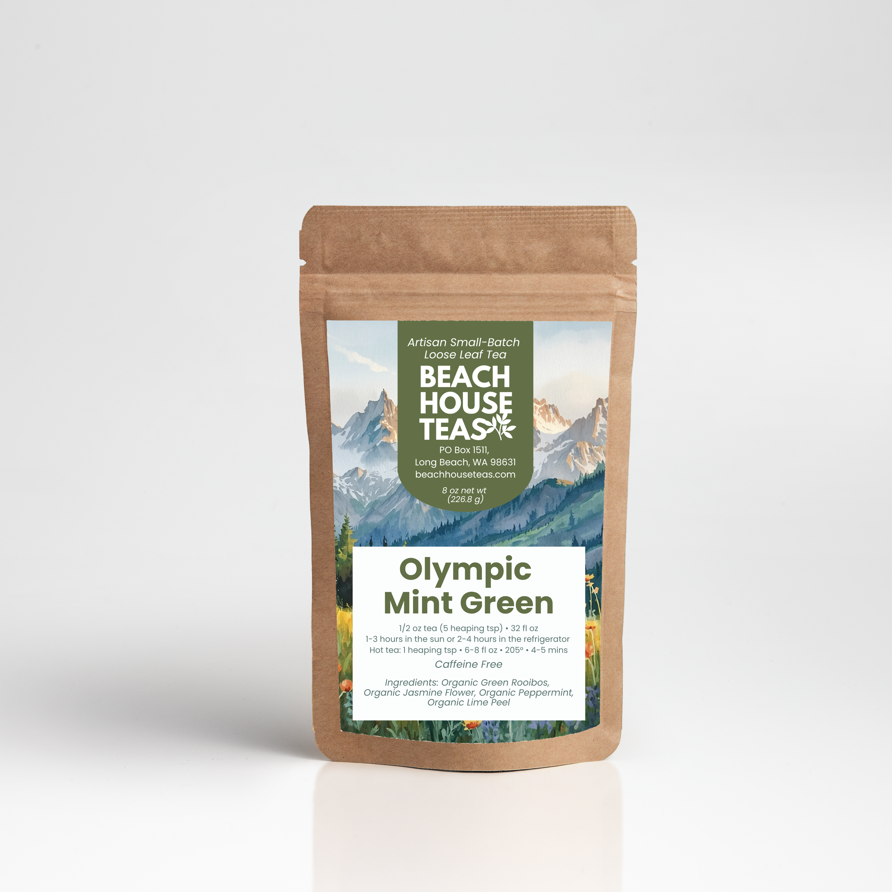 Olympic Mint Green Iced tea label on kraft pouch with white background