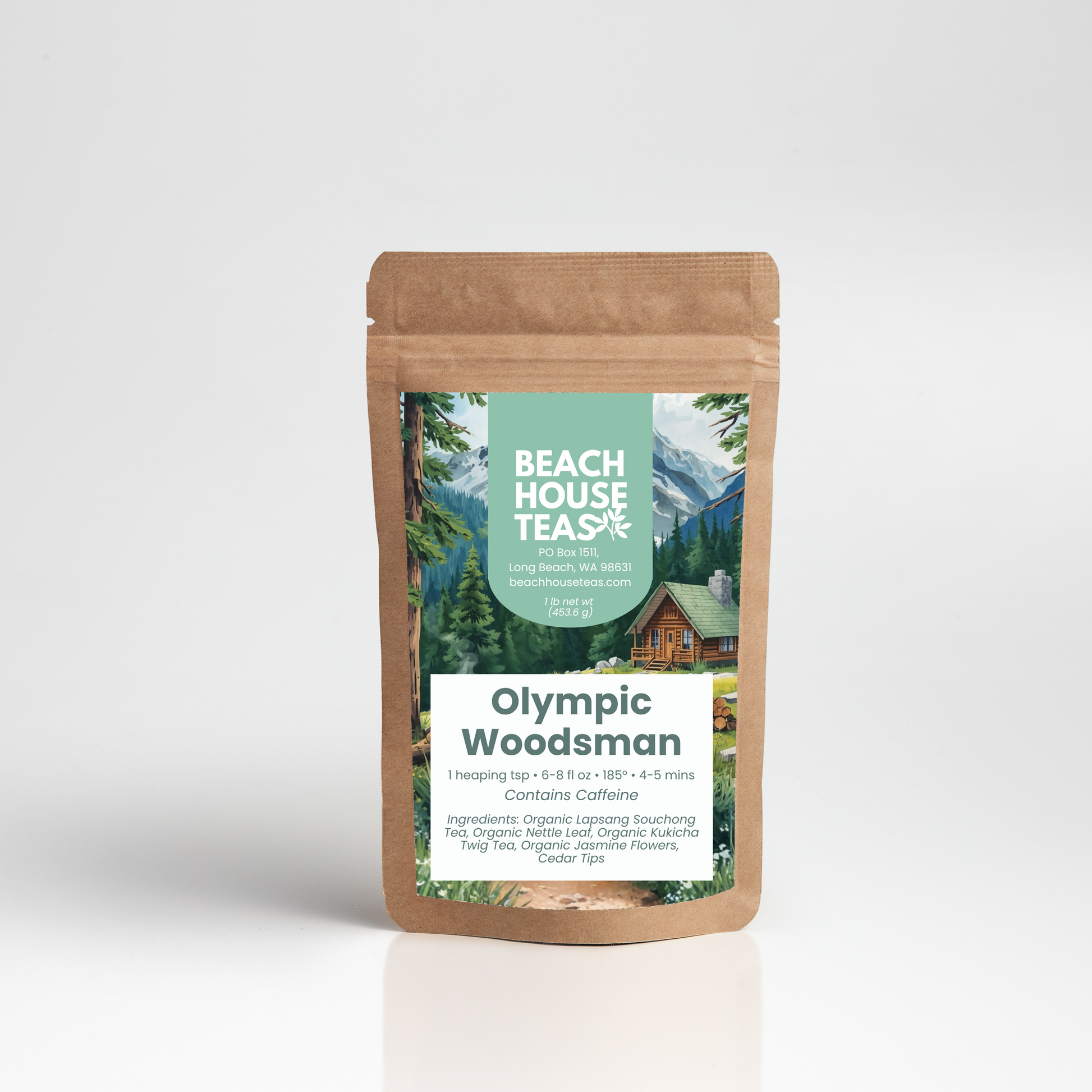Olympic Woodsman tea label on kraft pouch with white background
