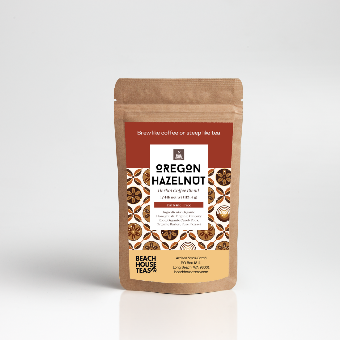 Brown coffee packaging with a label on a white background