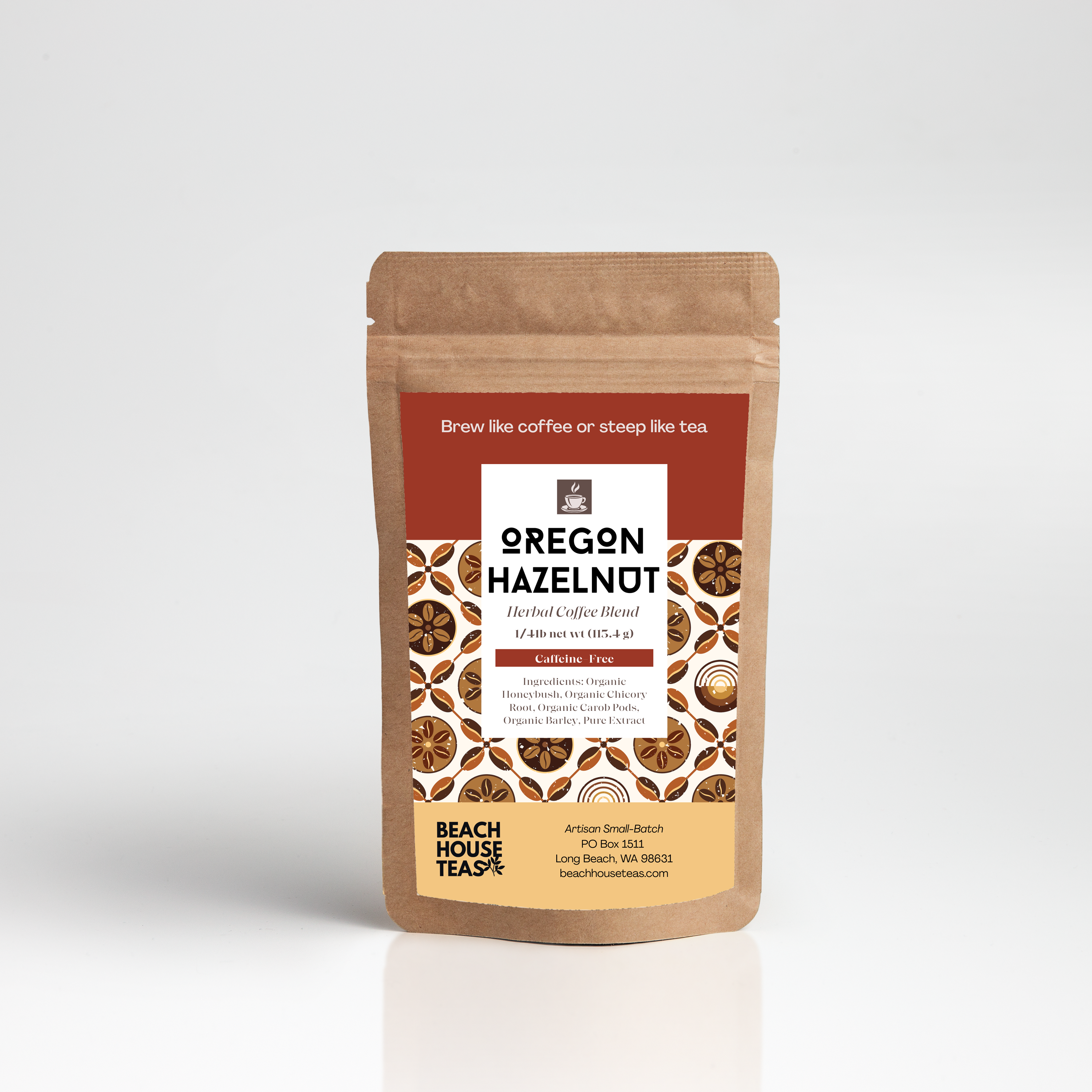 Brown coffee packaging with a label on a white background