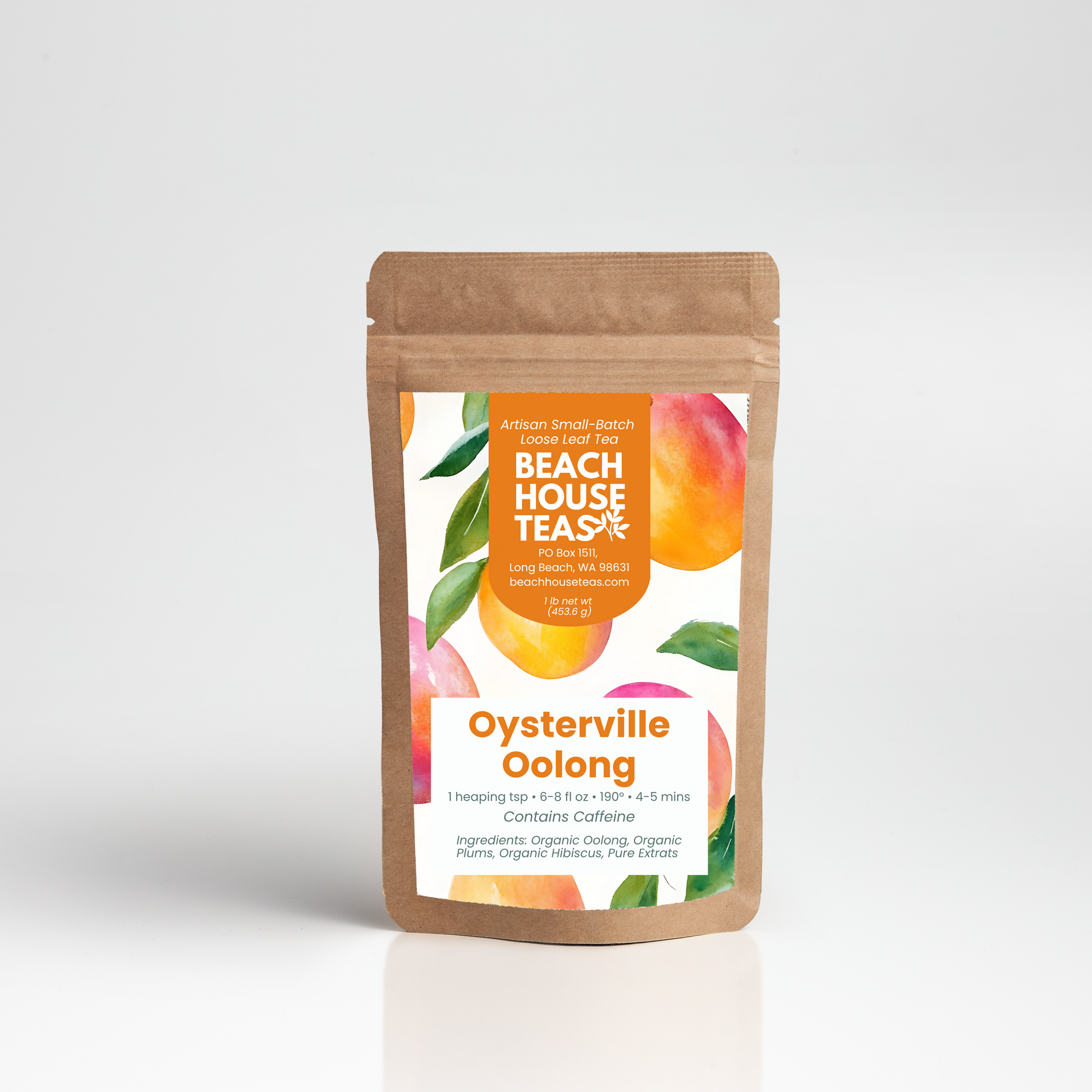 Oysterville Oolong tea label on kraft pouch with white background