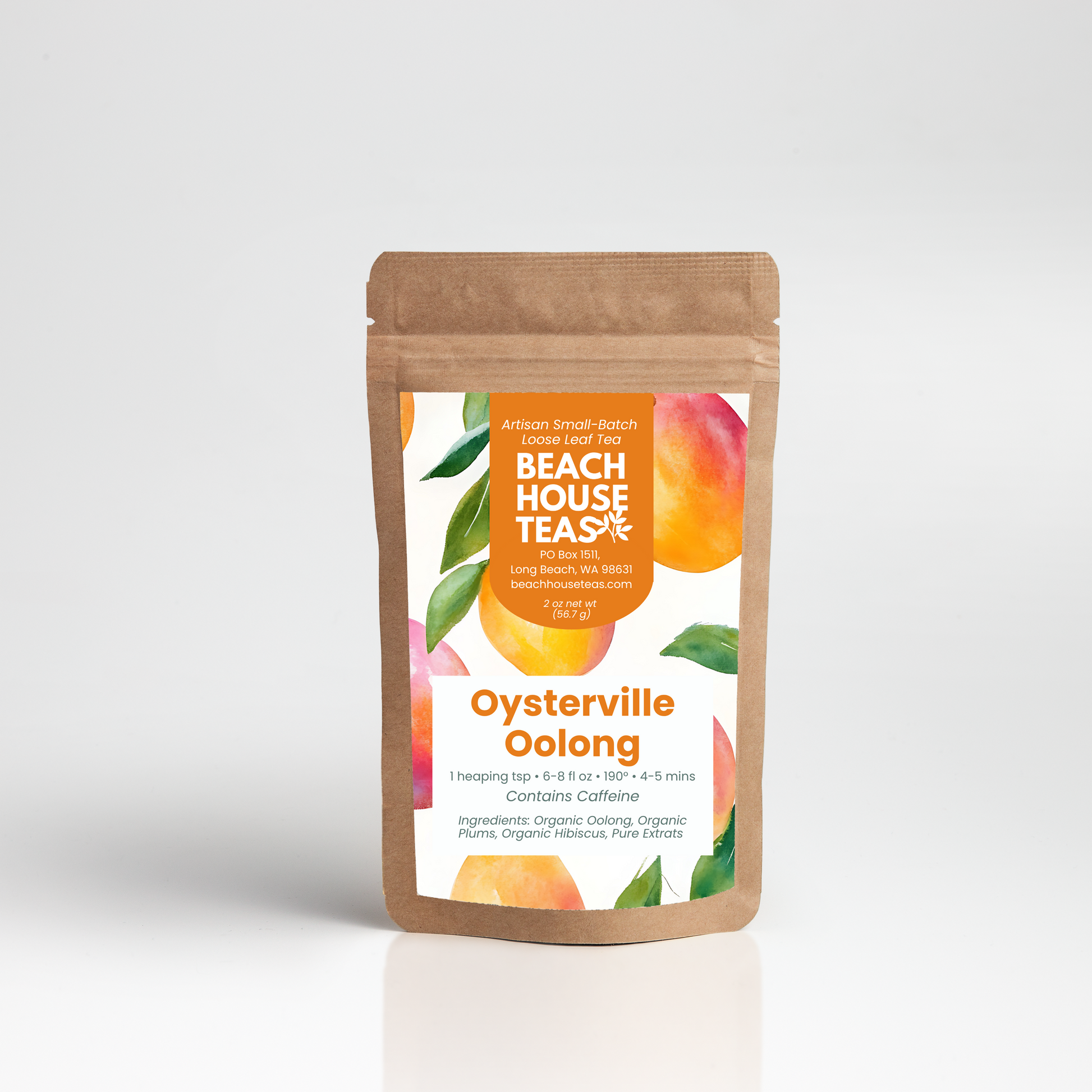 Oysterville Oolong tea label on kraft pouch with white background