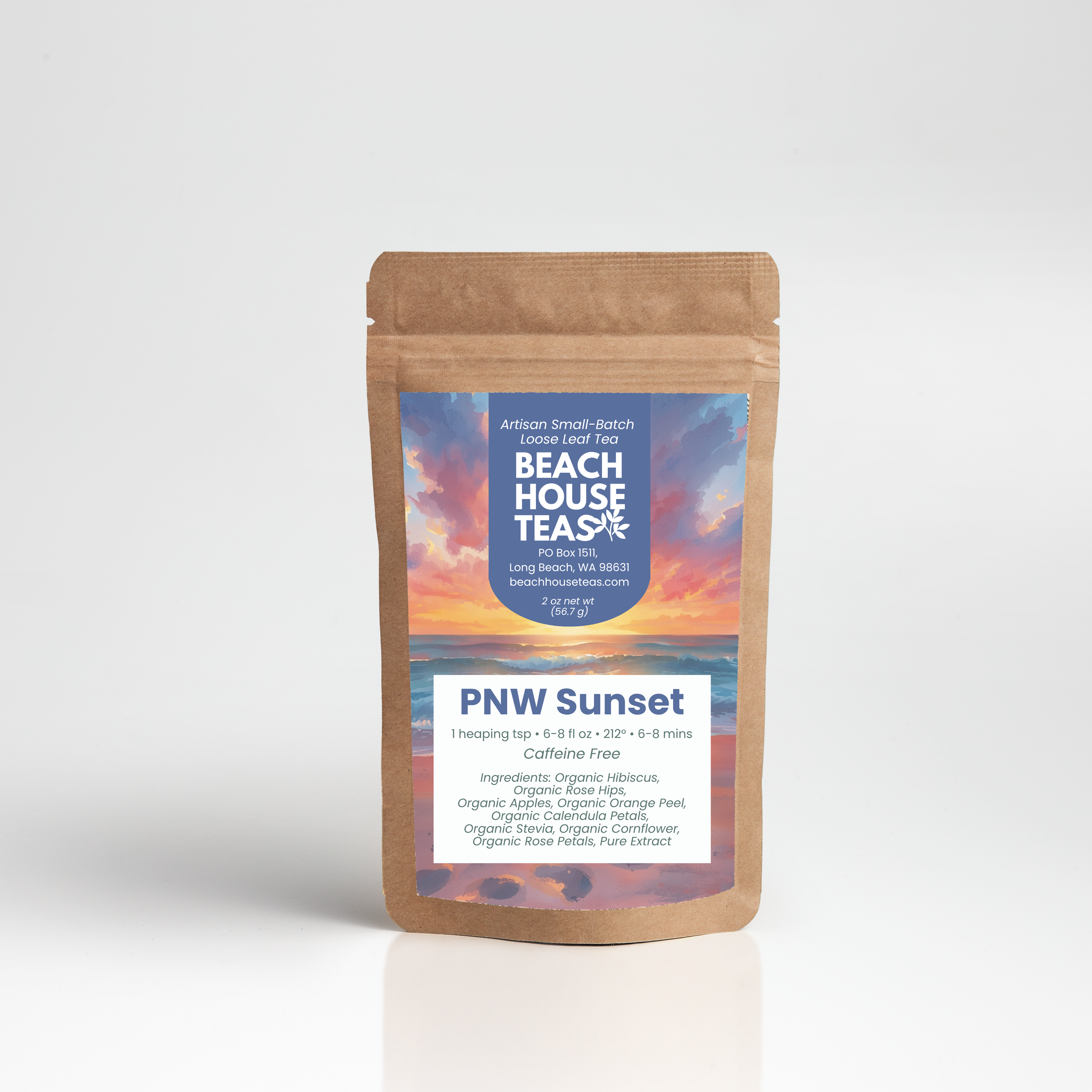 Pacific Northwest Sunset for kids tea label on kraft pouch with white background