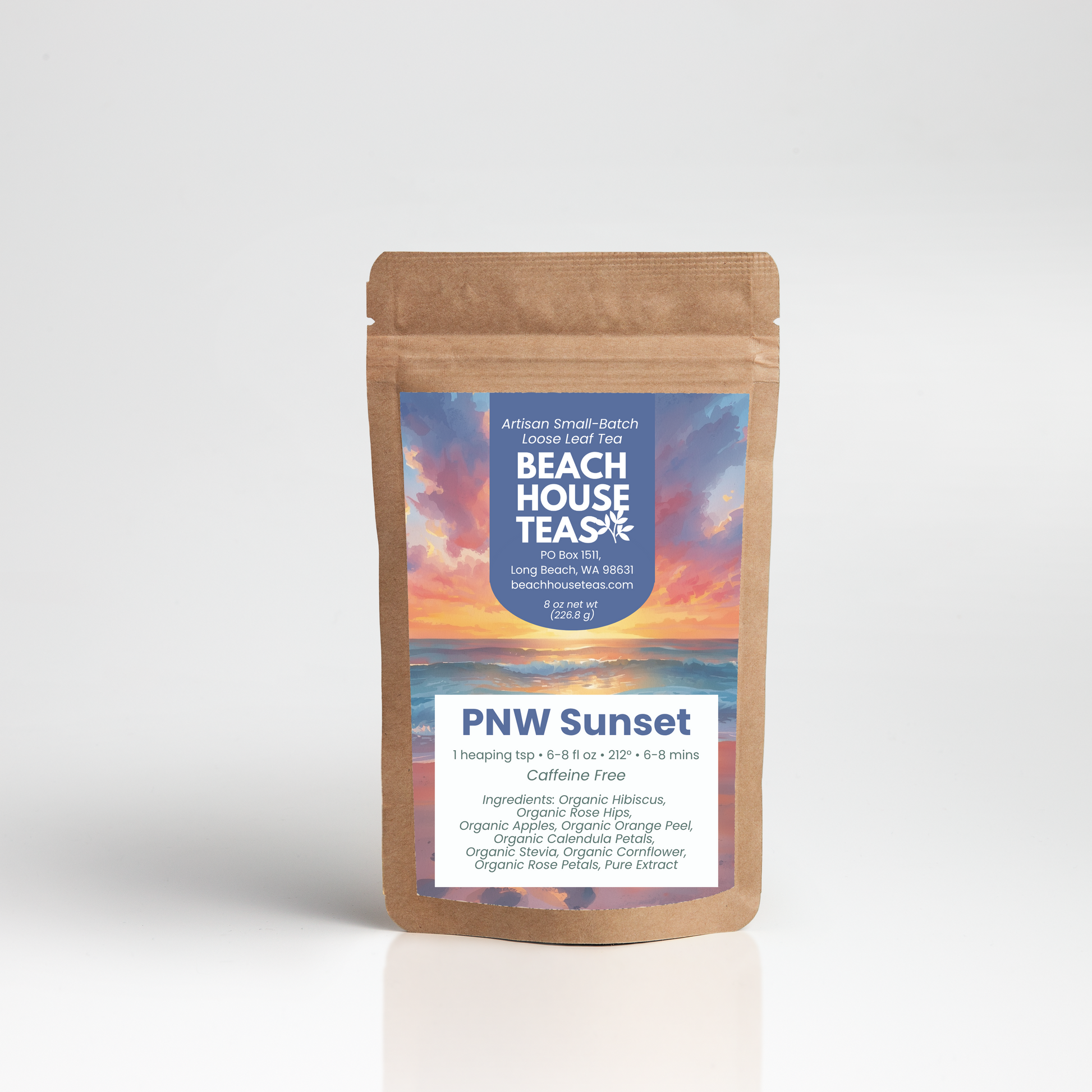Pacific Northwest Sunset for kids tea label on kraft pouch with white background