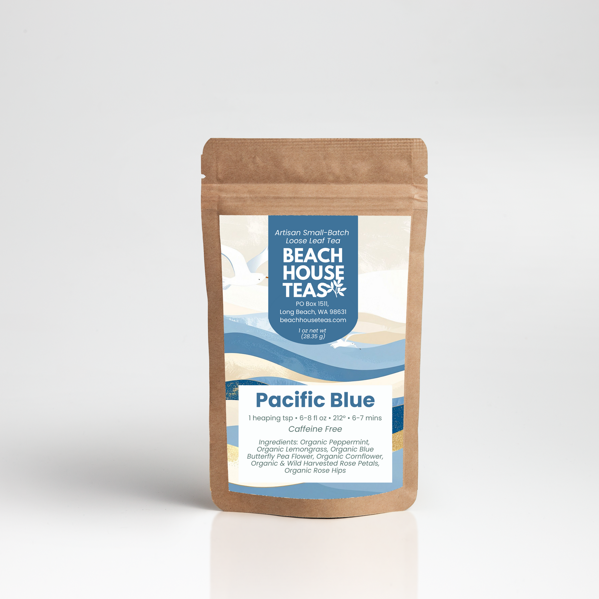 Pacific Blue tea label on kraft pouch with white background
