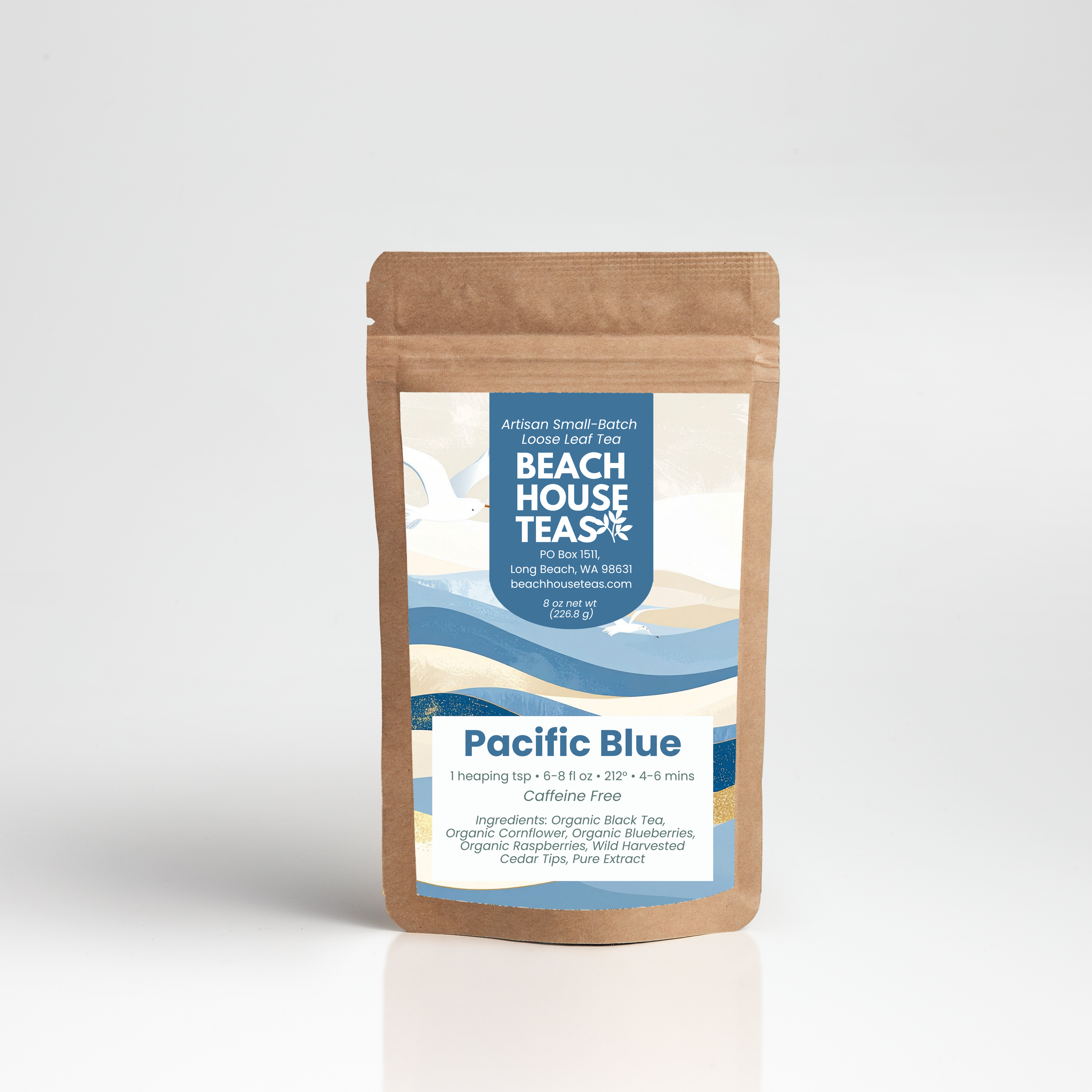 Pacific Blue tea label on kraft pouch with white background