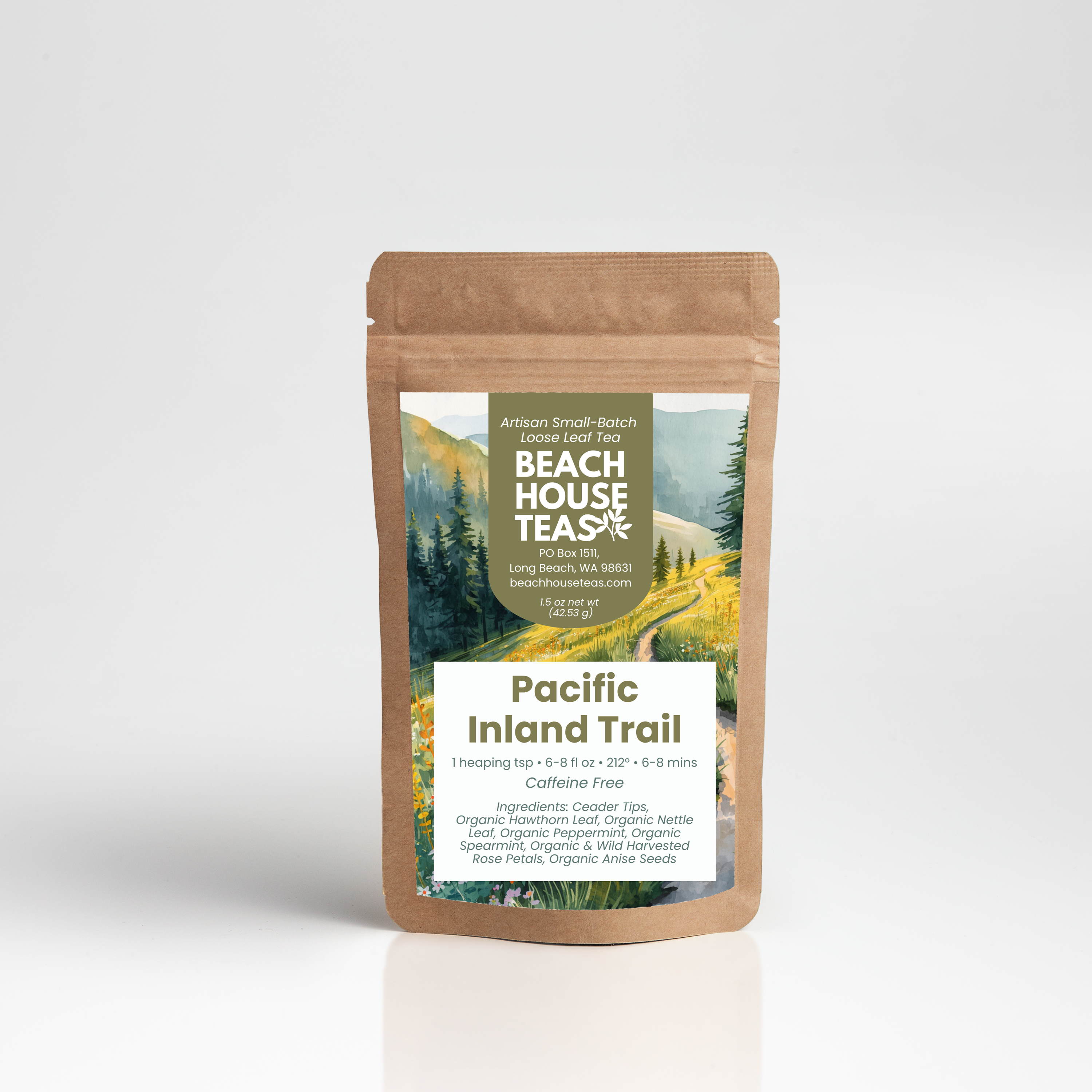 A stand-up kraft paper pouch of Beach House Tea's Pacific Inland Trail blend, featuring a scenic mountain landscape label on a clean white background.
