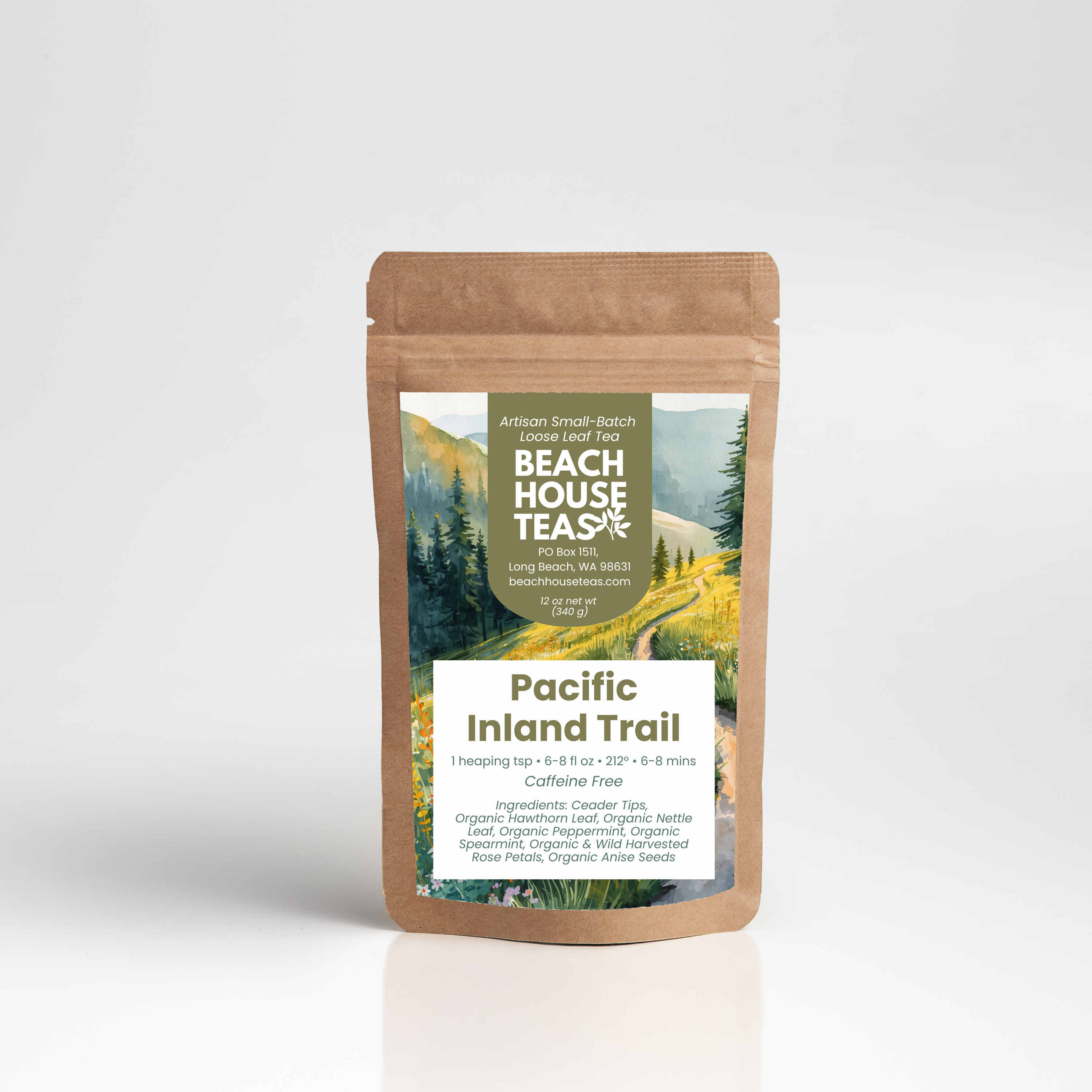 A stand-up pouch of Beach House Tea Pacific Inland Trail organic loose-leaf tea, featuring a brown kraft paper pouch with a colorful landscape label on a light gray background.