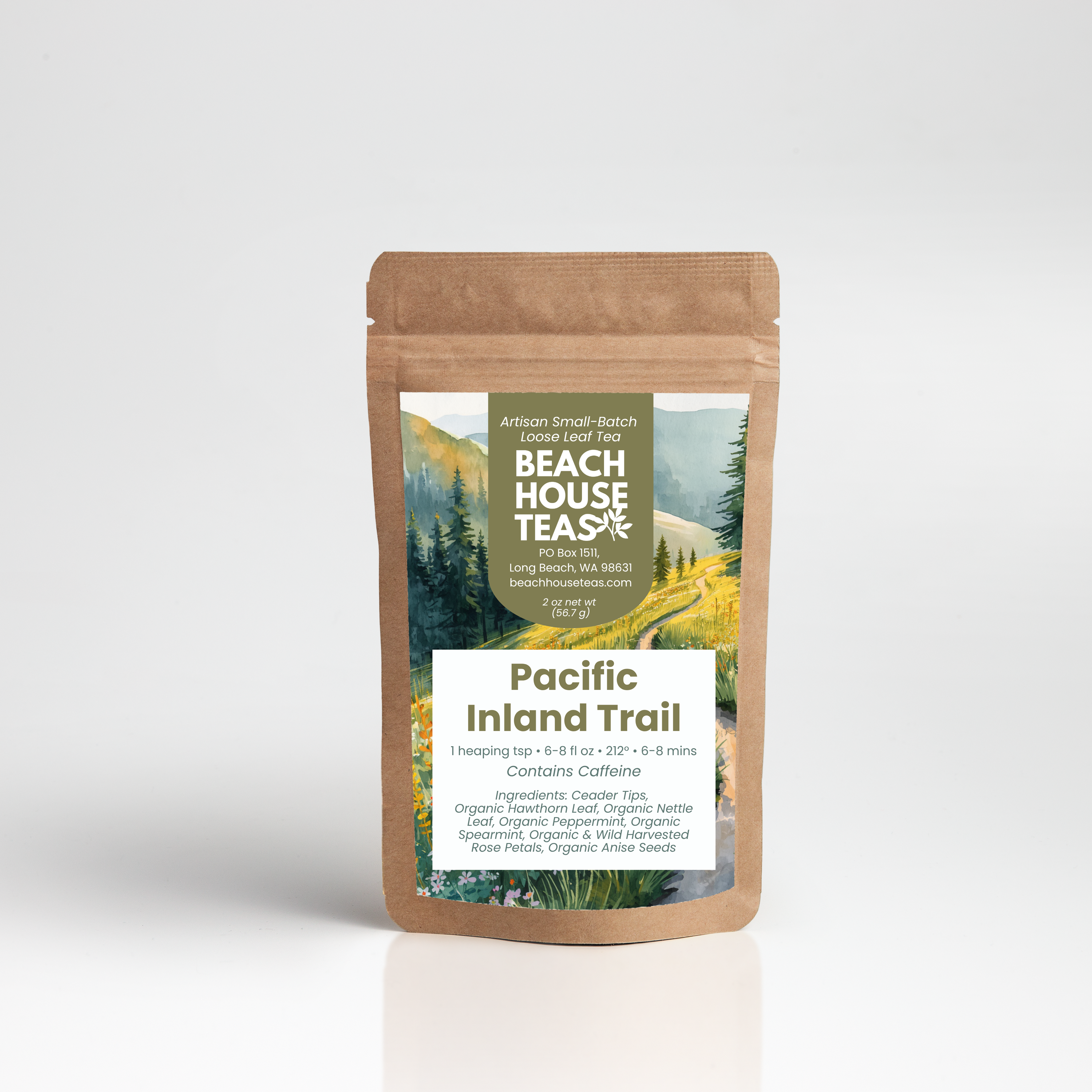Pacific Inland Trail tea label on kraft pouch with white background