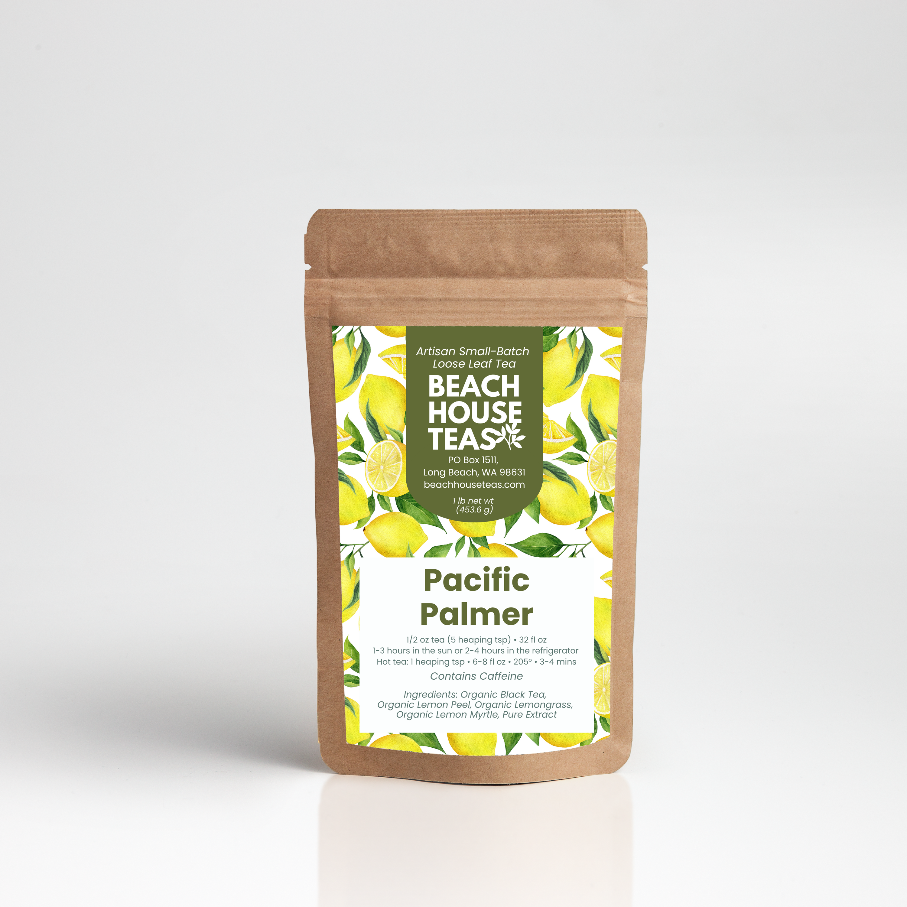 Pacific Palmer Iced Tea label on kraft pouch with white background