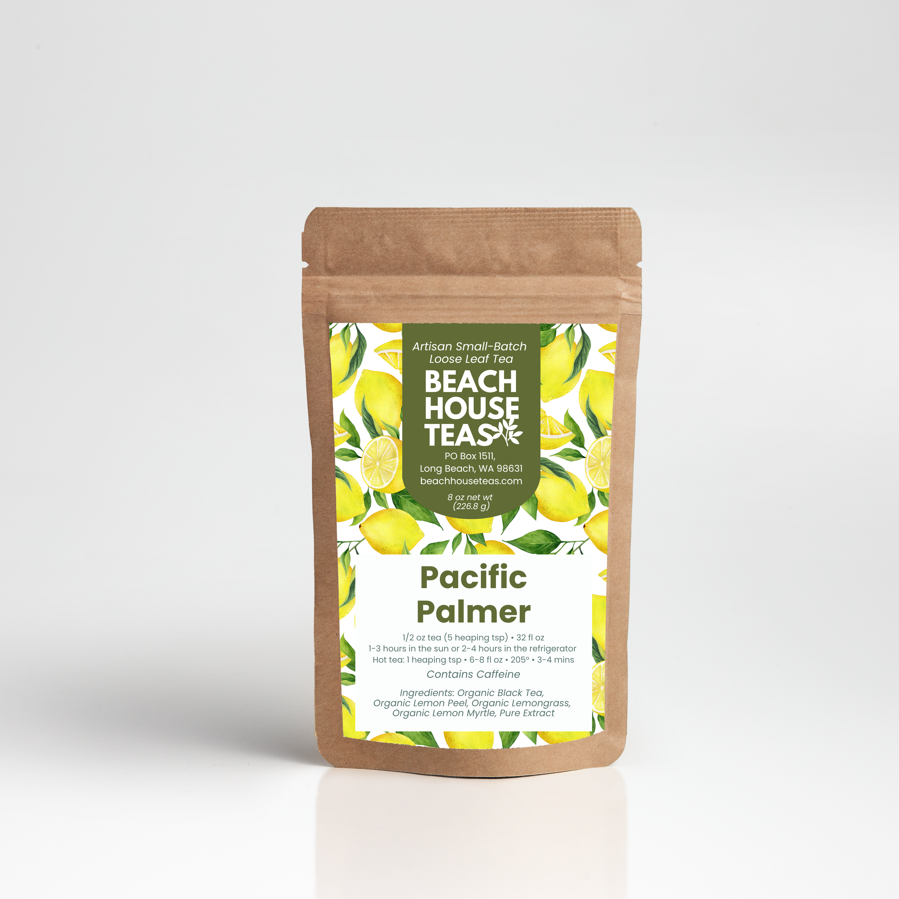 Pacific Palmer Iced Tea label on kraft pouch with white background
