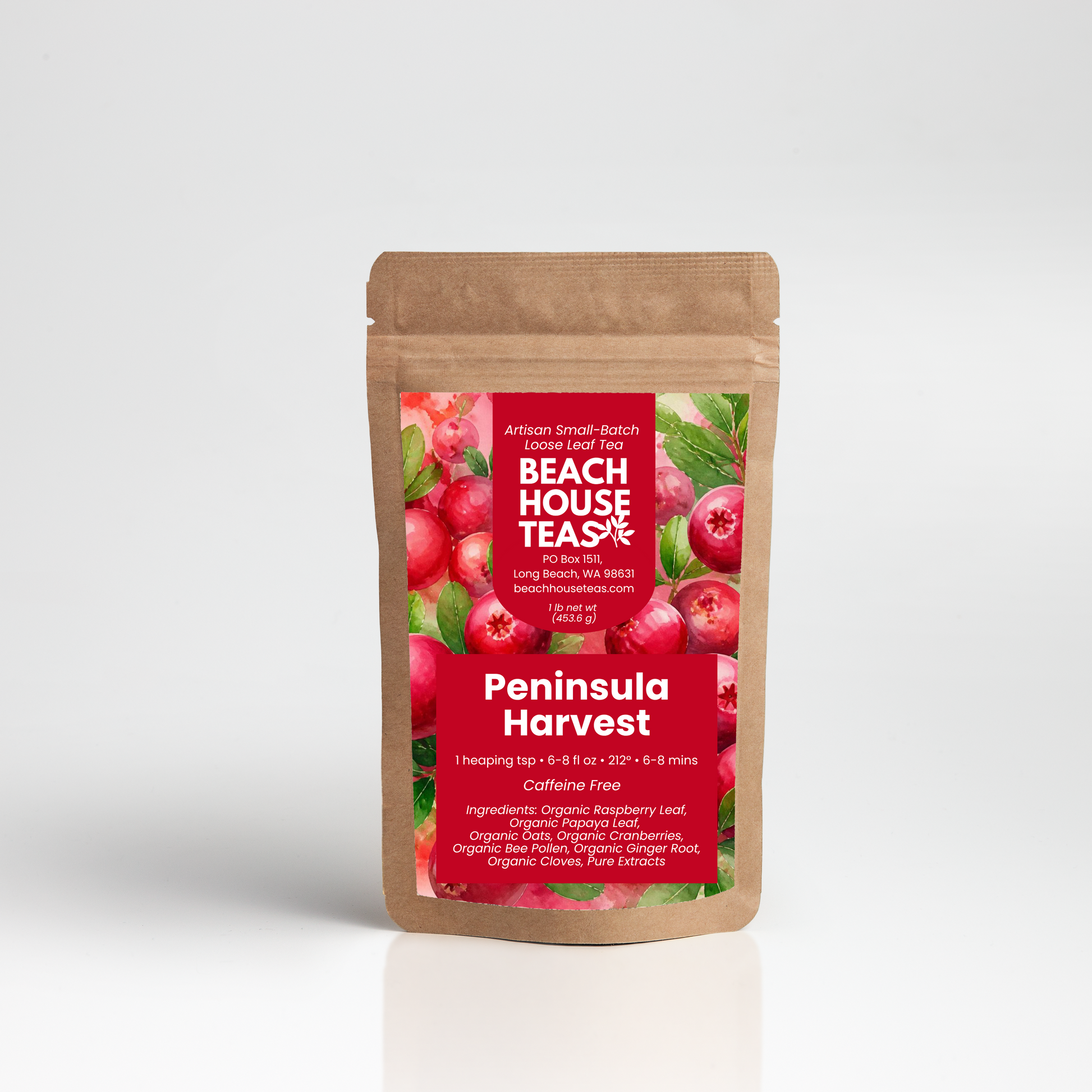 Peninsula Harvest tea label on pouch on white background
