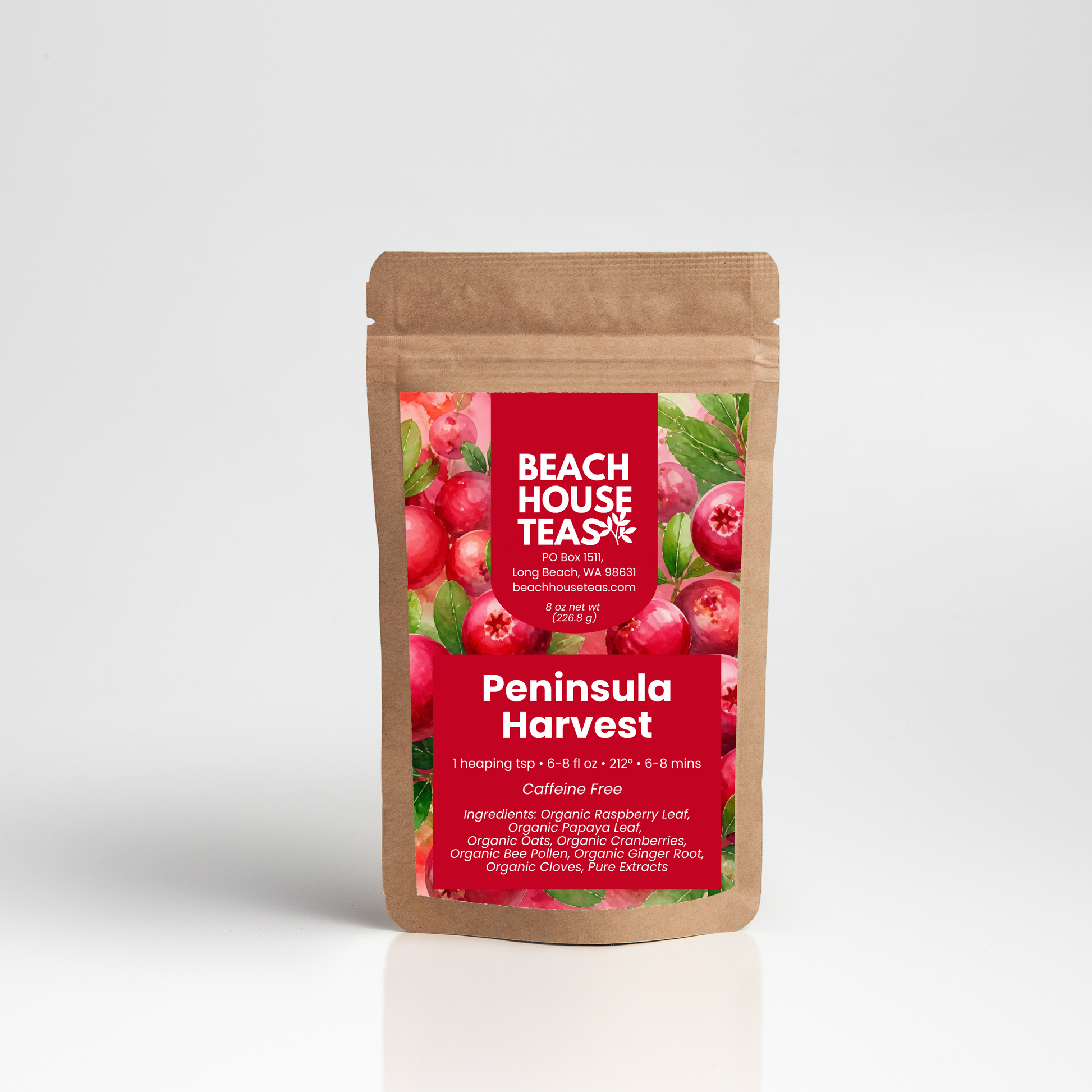 Peninsula Harvest tea label on pouch on white background