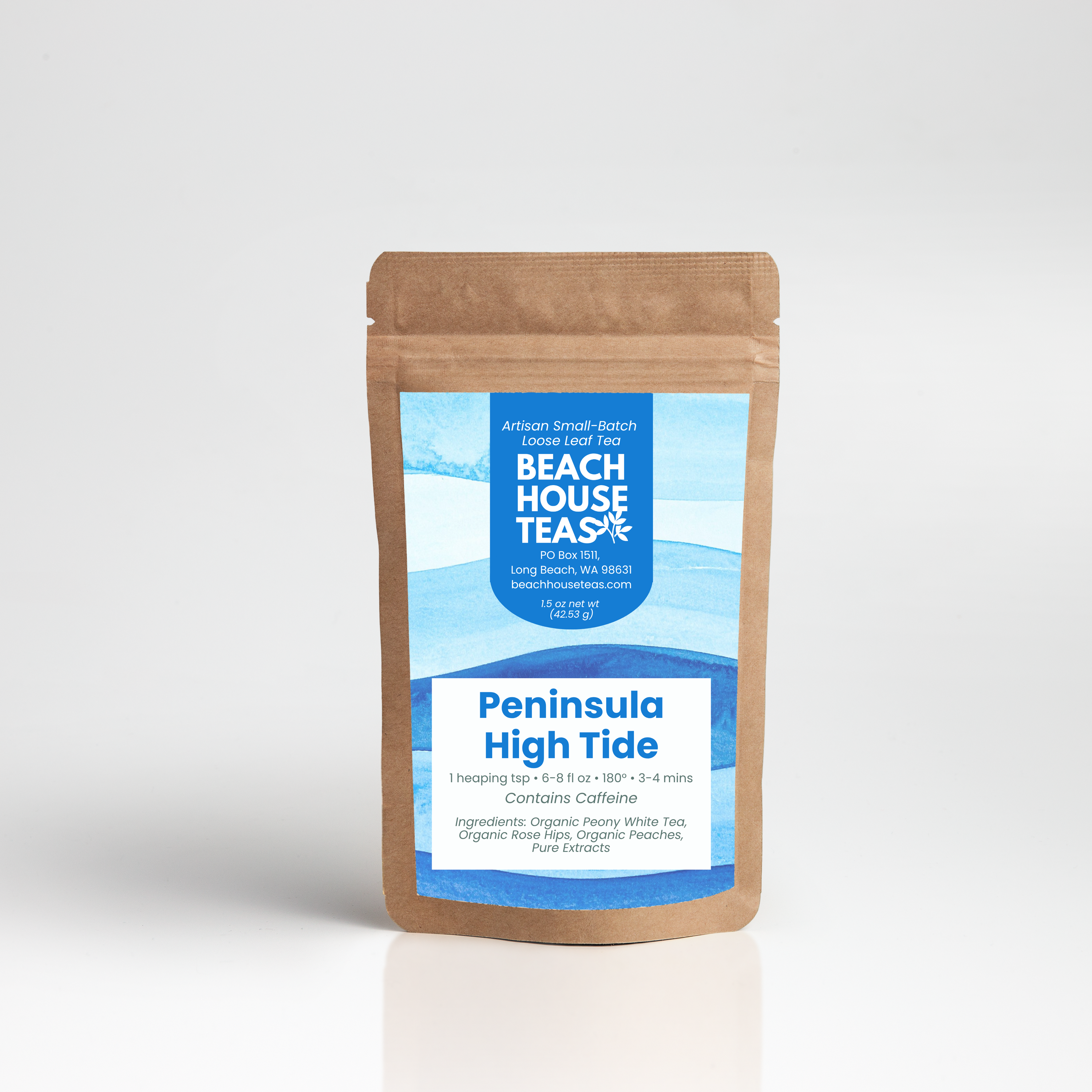 A stand-up kraft paper pouch of Beach House Tea Co's 'Peninsula High Tide' loose leaf tea, featuring a blue and white label, set against a clean white background.