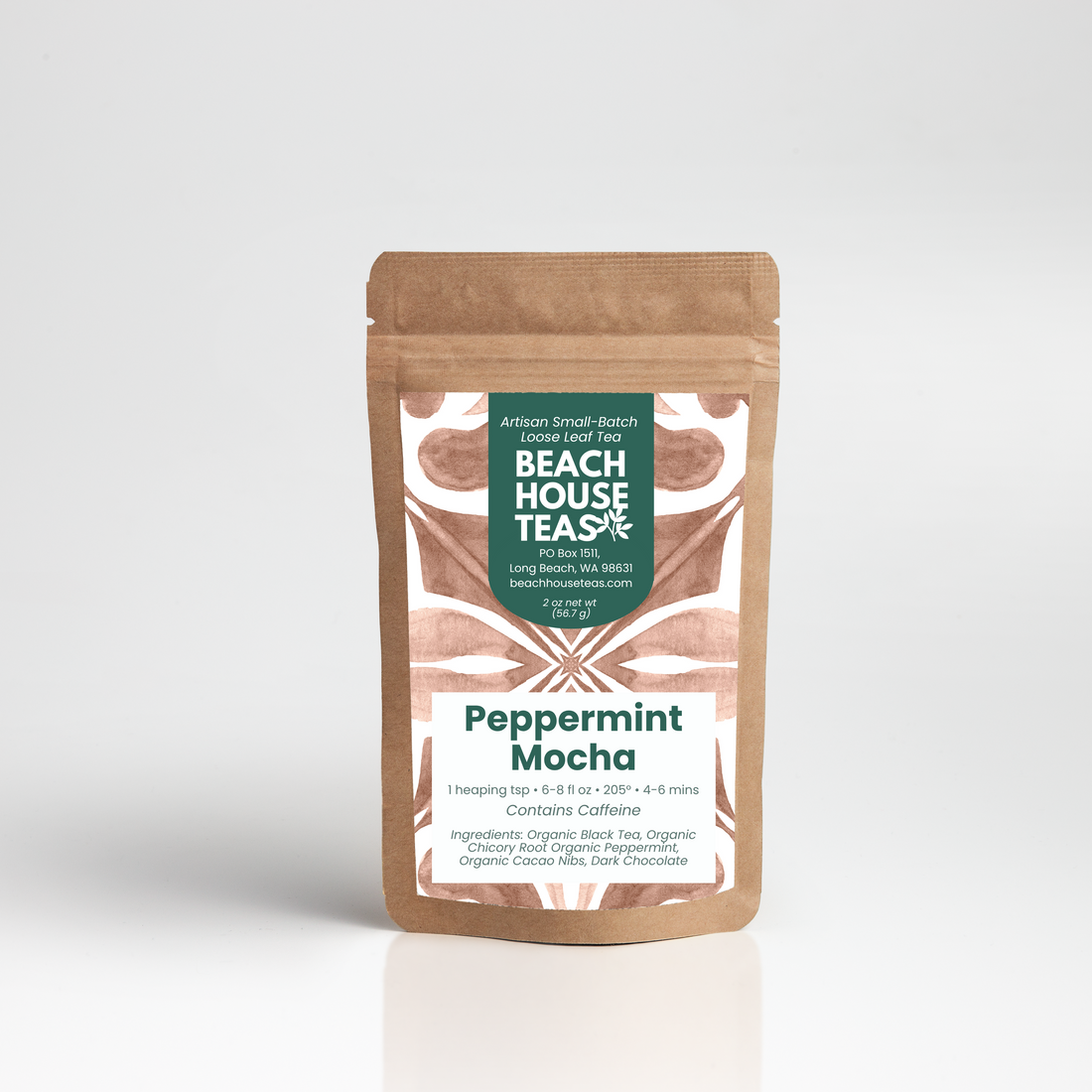Peppermint mocha tea label on pouch on white background