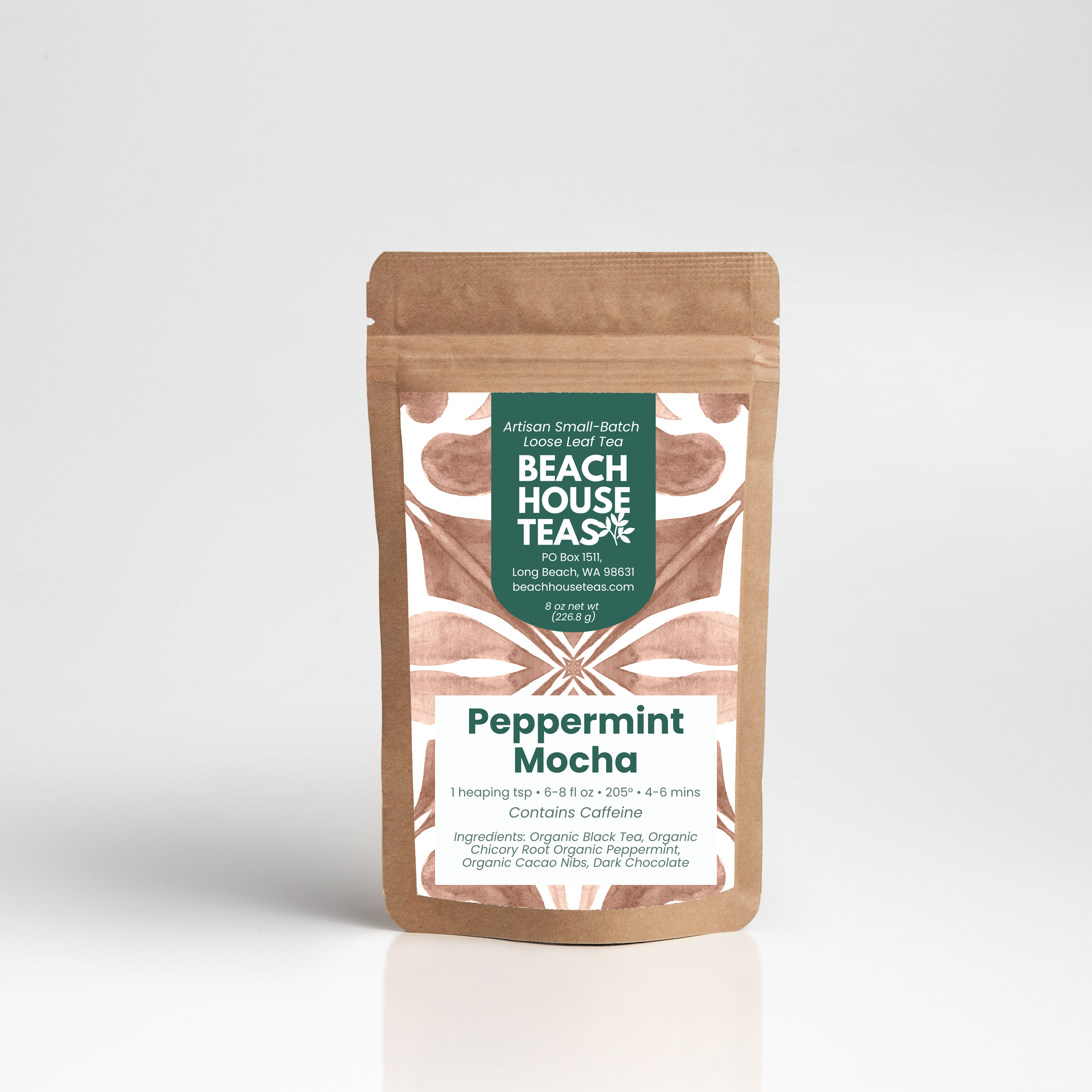 Peppermint mocha tea label on pouch on white background