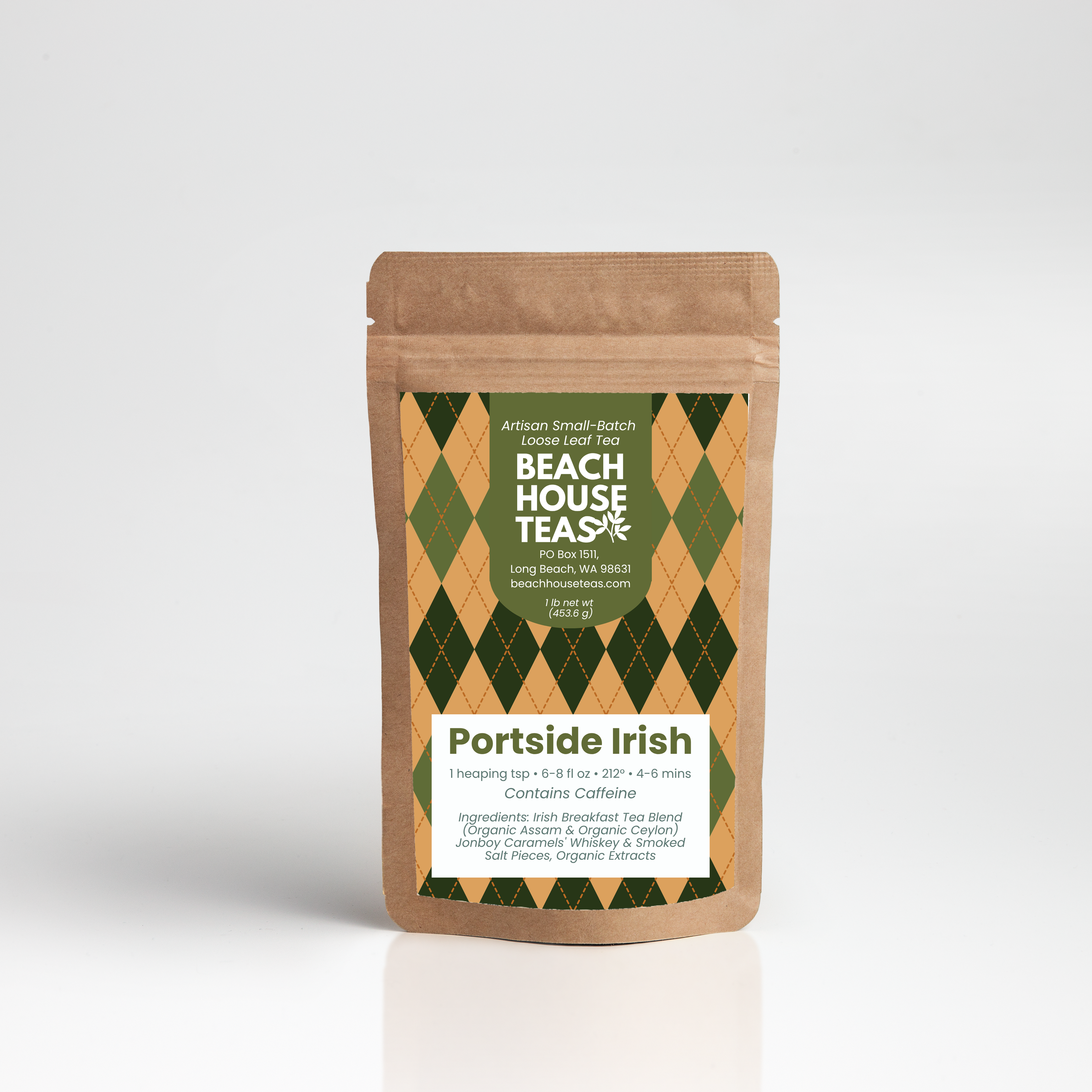 Portside Irish tea label on pouch on white background
