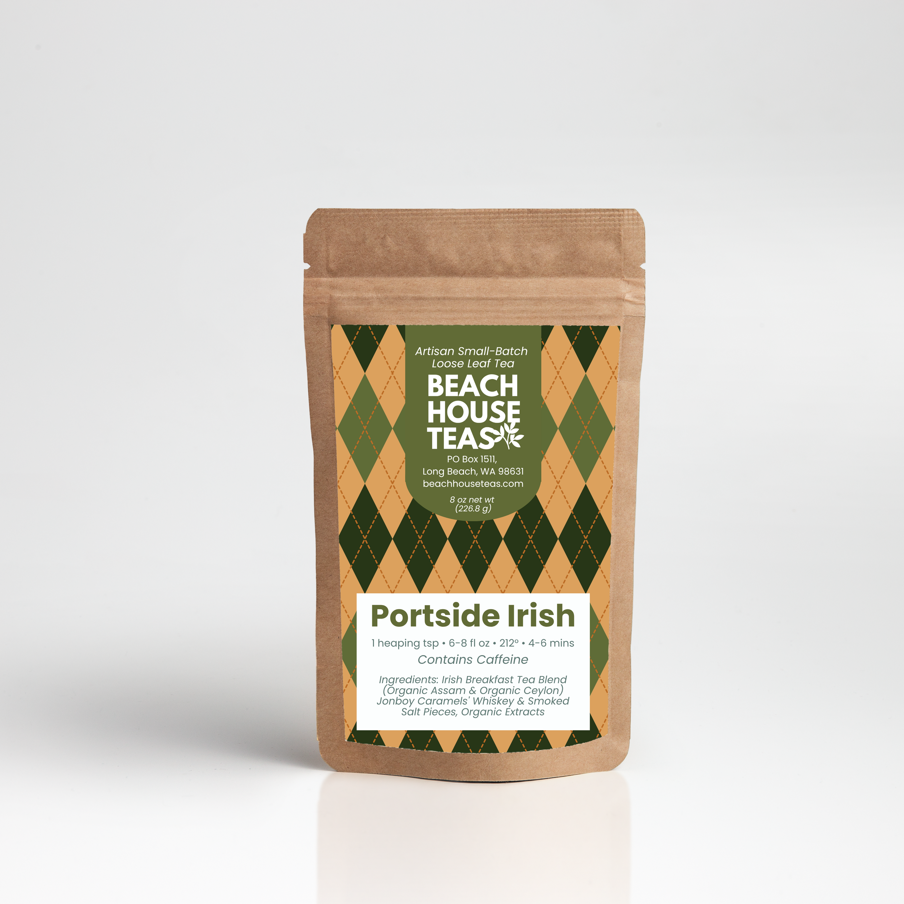 Portside Irish tea label on pouch on white background