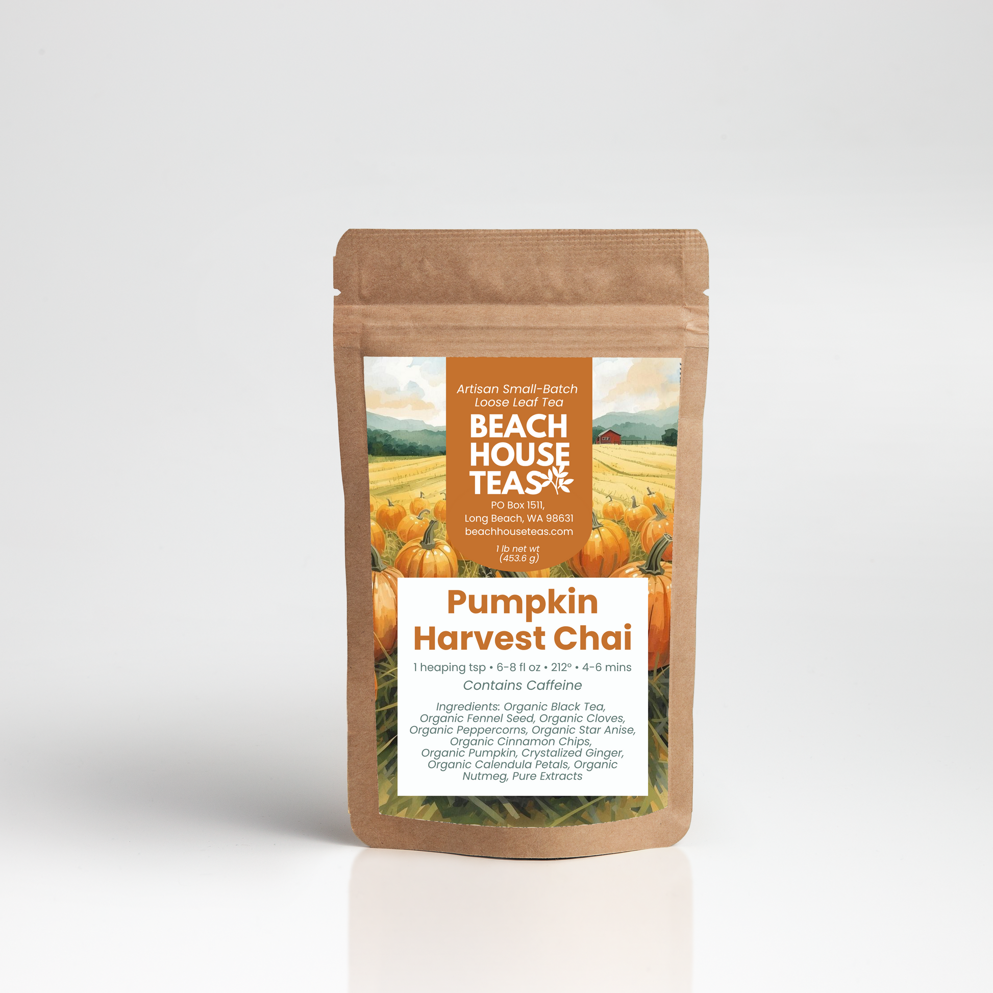 Pumpkin Harvest Chai tea label on pouch on white background